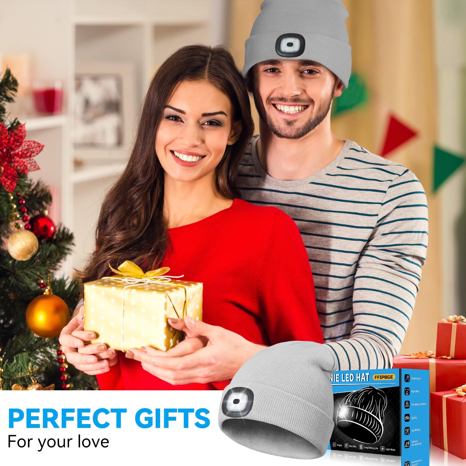 USB Rechargeable LED Beanie Hat with Light - Hands-Free Headlamp for Men & Women - Perfect for Camping, Hiking, Running & Outdoor Adventures - 2 Pack Grey Winter Gift Set for Him, Her & Teens