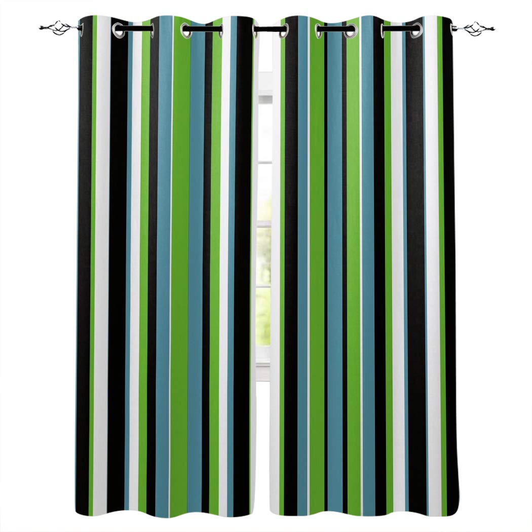 Modern Blue Irregular Curtains - 63 Inch Length, 2 Panels - Green & White Striped Window Treatments for Kitchen, Bathroom, Bedroom, Living Room & Patio Door | Light Filtering Drapes for Home Decor & Privacy
