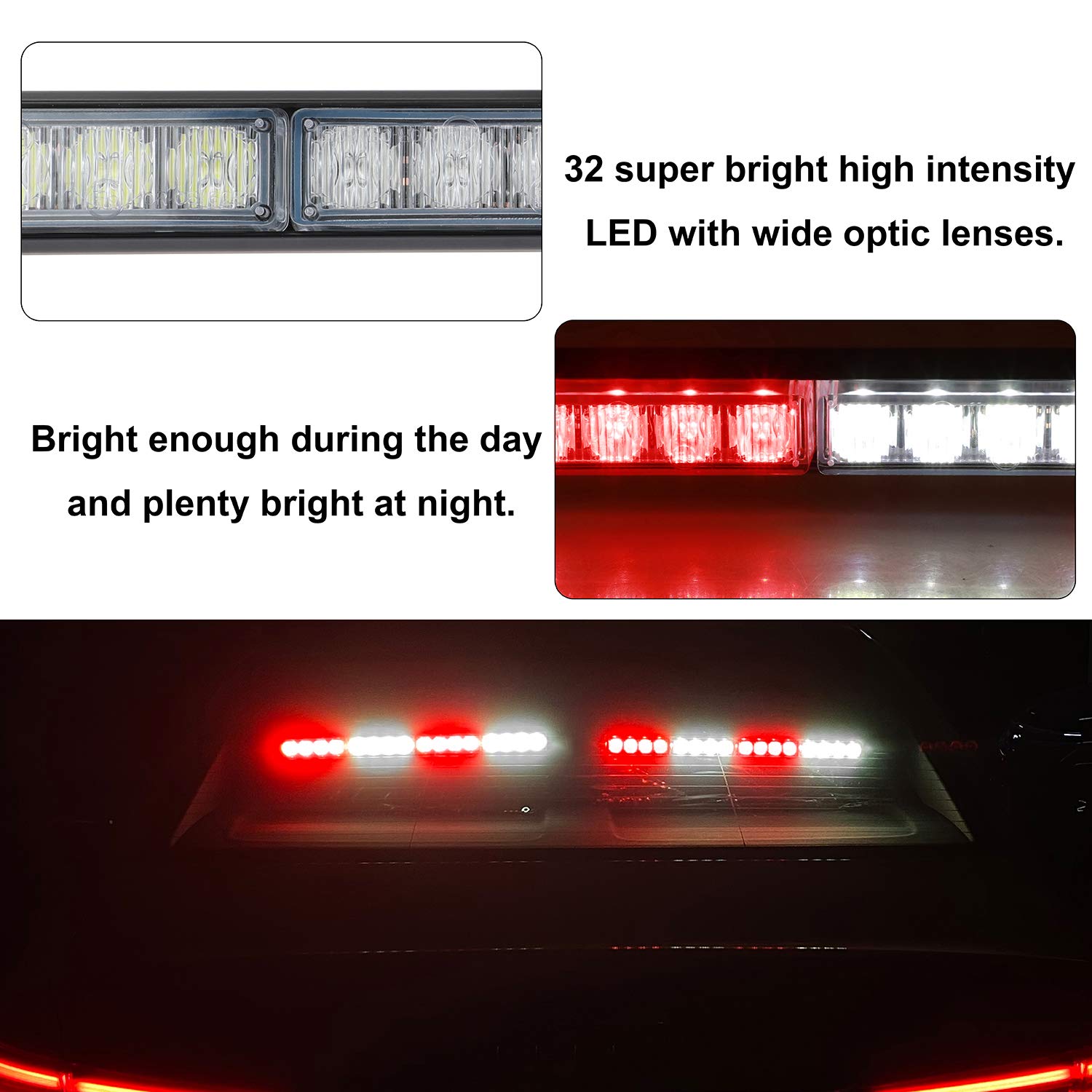ASPL 2x16.8 Inch Emergency LED Strobe Light Bar - 32 Super Bright LEDs with 26 Flash Patterns - Red/White Interior Safety Warning Lights for Trucks, Police Vehicles & Emergency Scenes