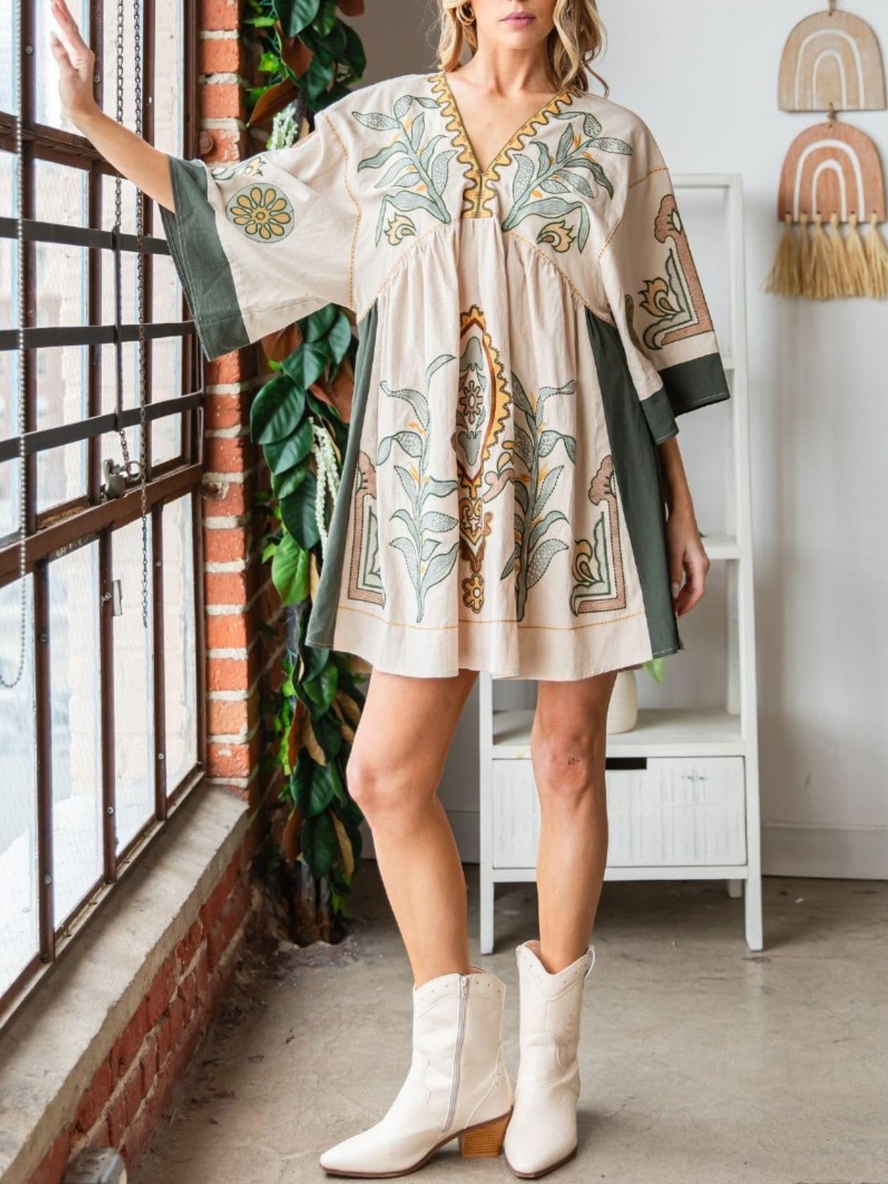 Women's Floral Embroidered Linen Blend Dress - Loose Fit V-Neck Vintage Babydoll Dress with Elegant Embroidery | Perfect for Summer Outings, Beach Vacations & Boho Chic Style