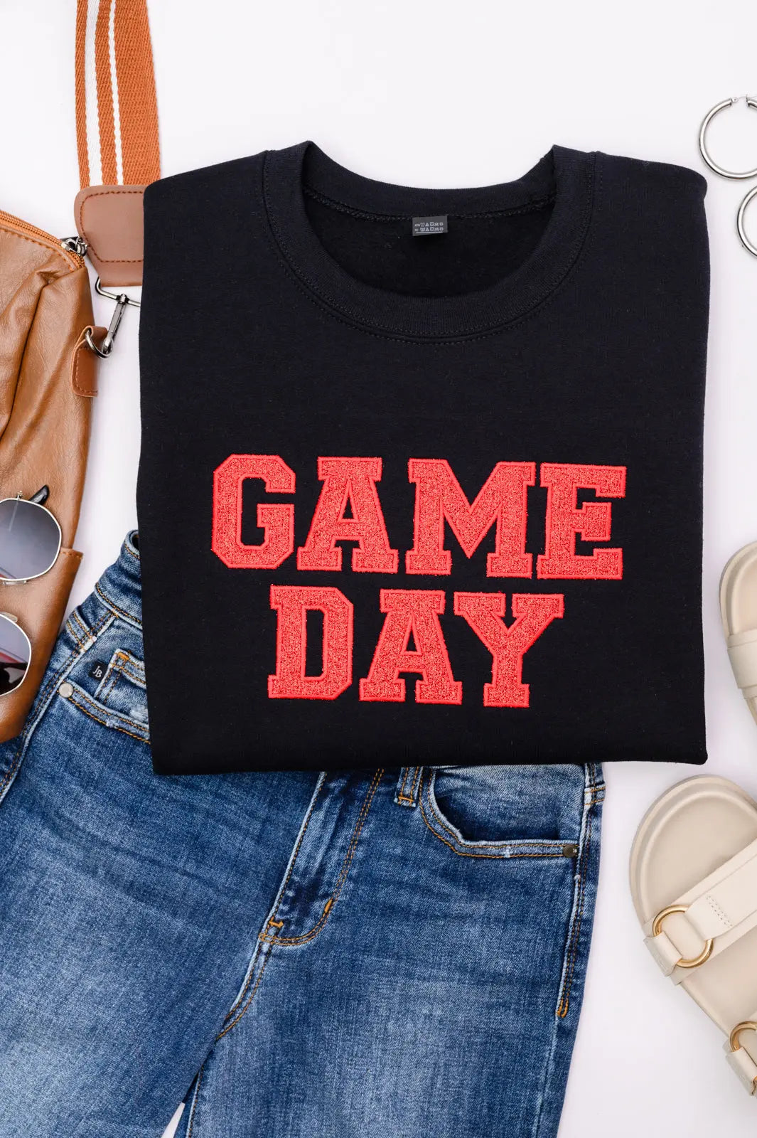 PREORDER: Embroidered Glitter Game Day Sweatshirt - Black/Red - Comfortable Pullover for Football, Basketball & Tailgate Parties