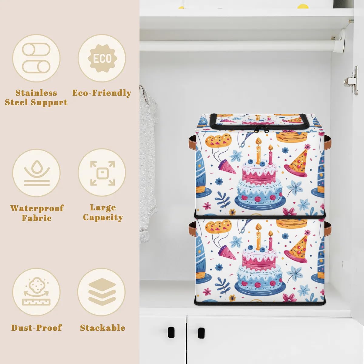 Collapsible Storage Bins with Lids - Stackable Fabric Storage Cubes for Clothes, Toys, Blankets | Dustproof Closet Organizer | Perfect for Home, Office & Birthday Party Decorations