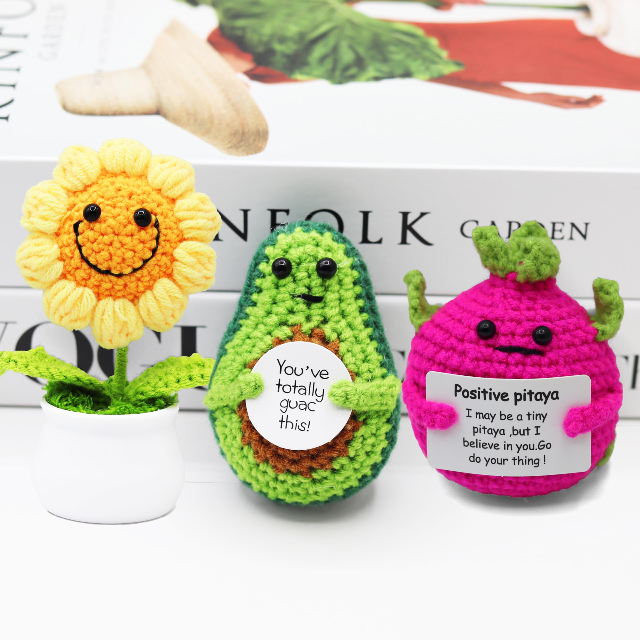 3Pcs Funny Crochet Potato Dolls with Sunflower Pot & Encouragement Cards - Creative Knitting Wool Gifts for Women, Mom, Girlfriend - Birthday, Party Decoration & Home Decor (Cucumber Style) - Perfect for DIY Crafts, Room Decor & Encouragement Gifts