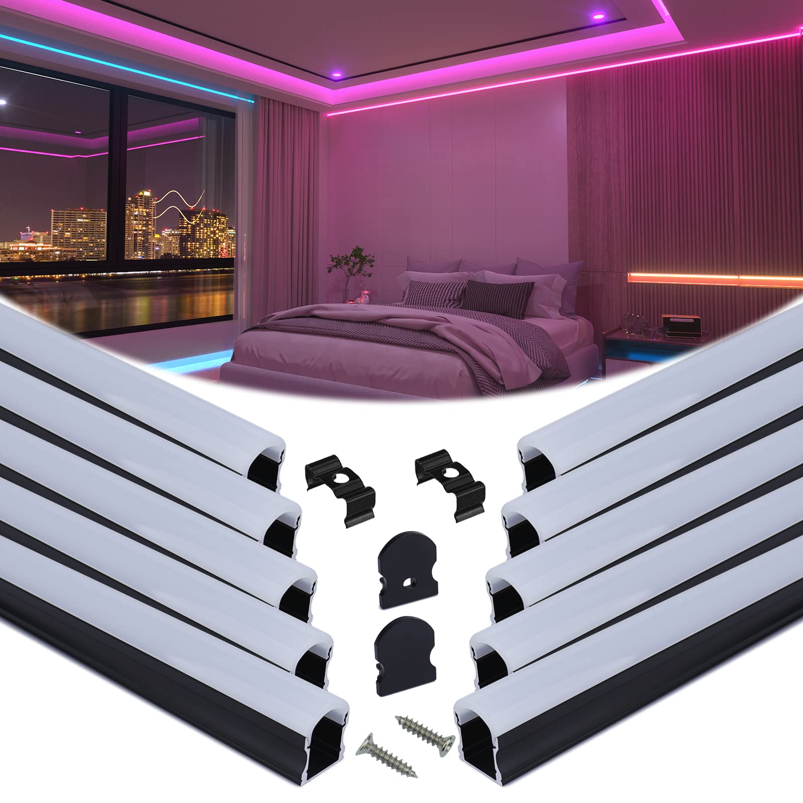 Muzata 10-Pack 6.6FT/2M LED Channel System - Black Aluminum U-Shape Diffuser with Milky White Cover for Spotless LED Strip Lighting (U108 BW 2M) - Perfect for Home, Office, and Commercial Lighting Projects