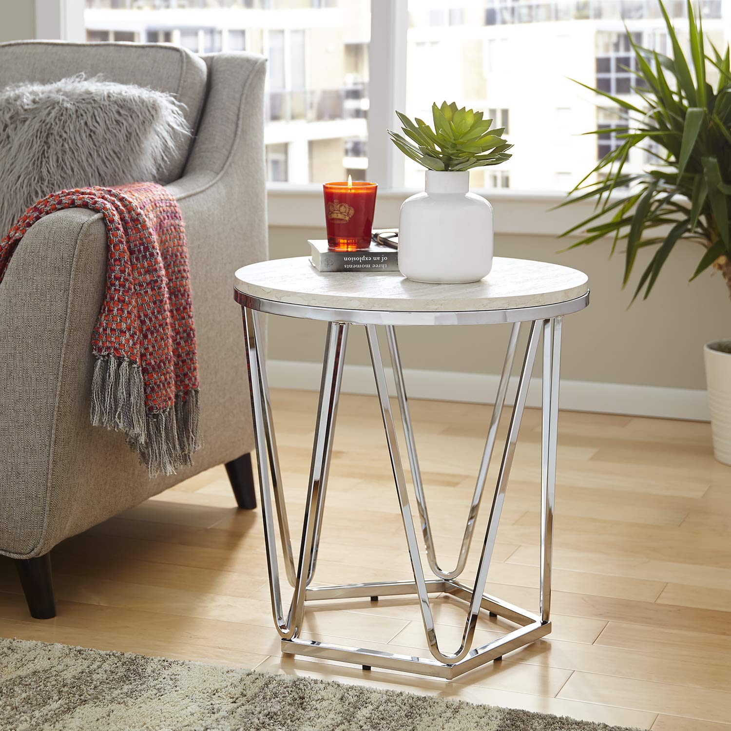 SEI Furniture Luna Faux Stone Round Side Table - Silver Finish Modern Accent Table for Living Room, Bedroom, or Outdoor Patio Decor
