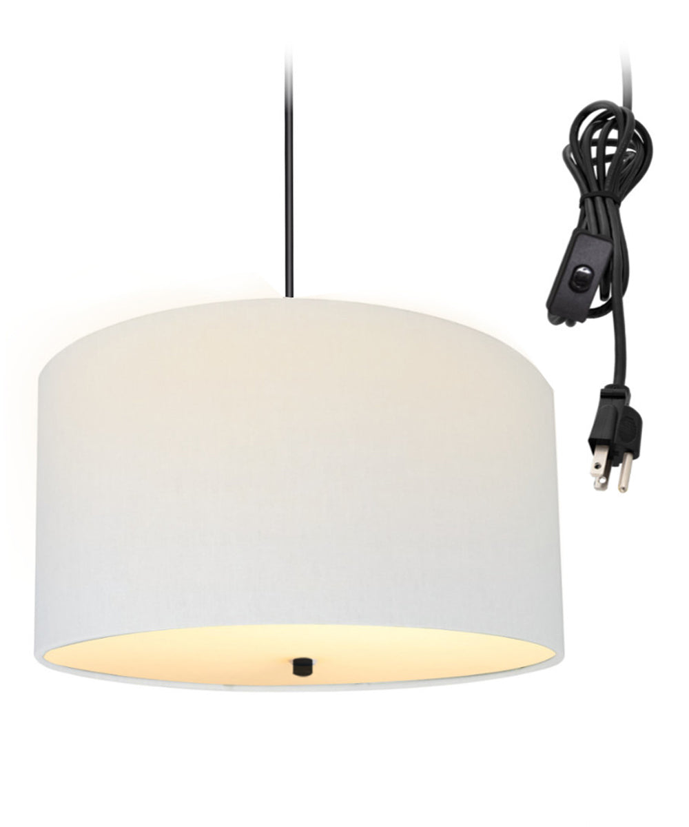 16W 2-Light Plug-In Swag Pendant Light with White Linen Drum Shade & Black Cord - Perfect for Kitchen Island, Dining Room, or Bedroom Lighting