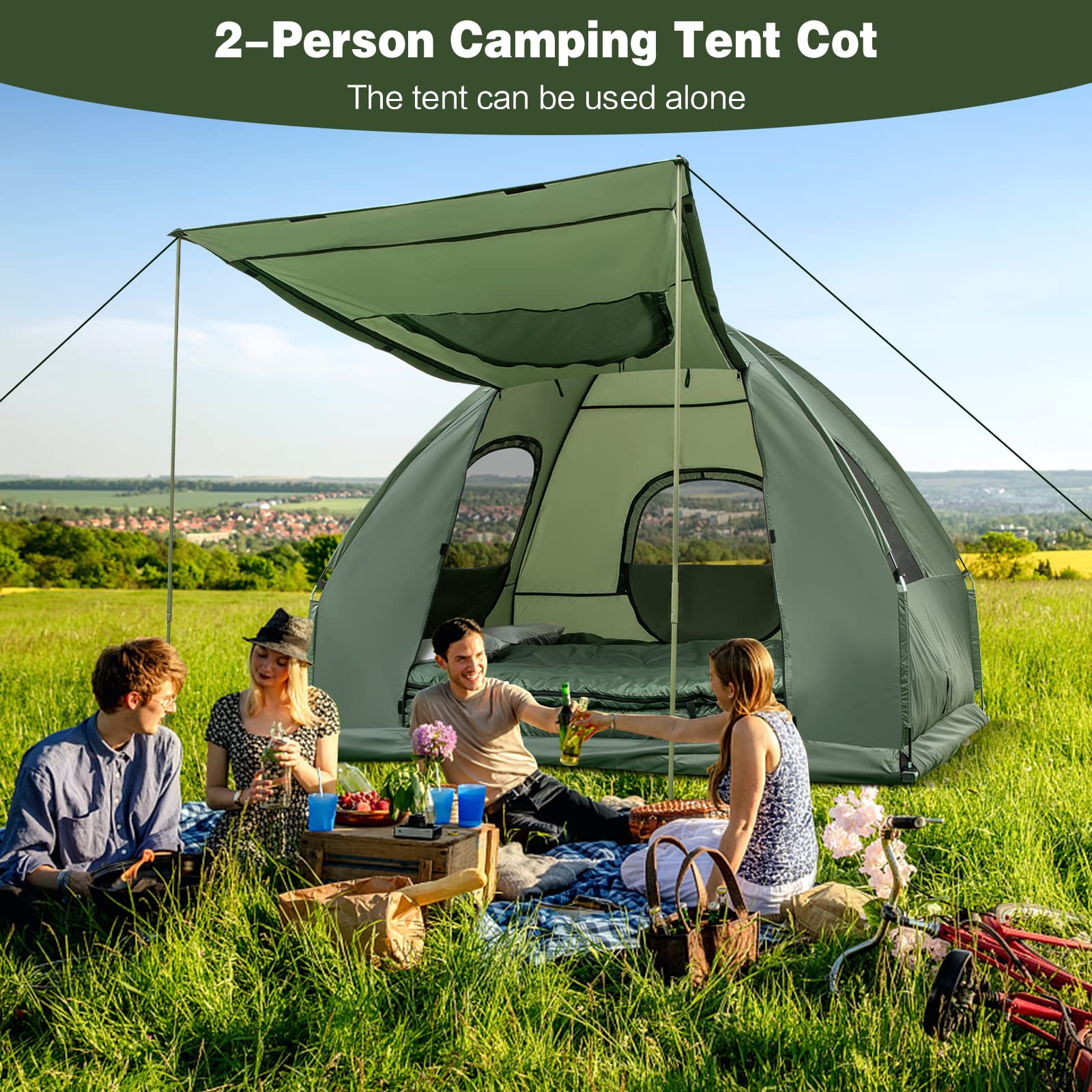 Moccha Folding Camping Tent Cot with Sleeping Bag & Air Mattress - Elevated Portable Outdoor Sleeping System for Camping, Hiking, Backpacking & Picnic - Includes Carry Bag for Easy Transport