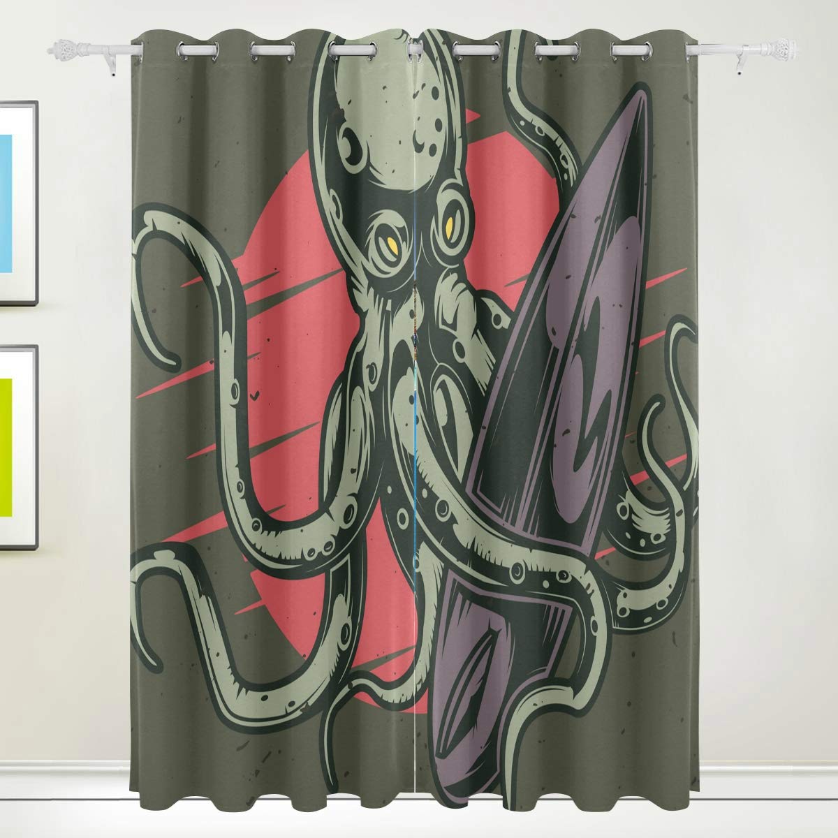 Blackout Curtains for Bedroom - Thermal Insulated Octopus Surfboard Cartoon Window Panels (84 x 55 Inch, Set of 2) | Sun Blocking & Noise Reducing for Farmhouse, Kitchen, Nursery & Home Decor