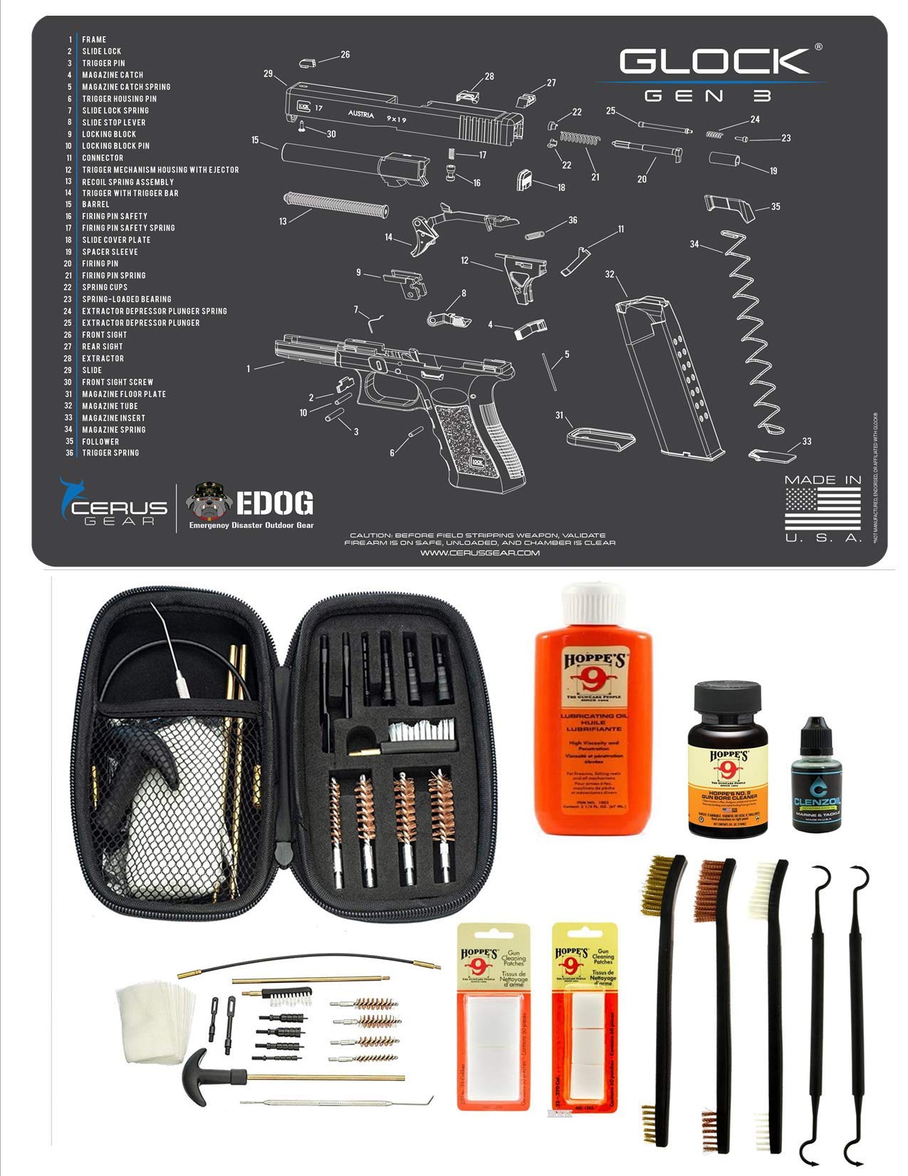 **Glock Gen 3 Gun Cleaning Kit – Complete Pistol Maintenance Set for 9mm, .45, & 22LR – Includes Hoppes Oil, Solvent, Brushes, Picks, Patches & Non-Slip Cleaning Mat – Perfect for Home, Range & Field Use**