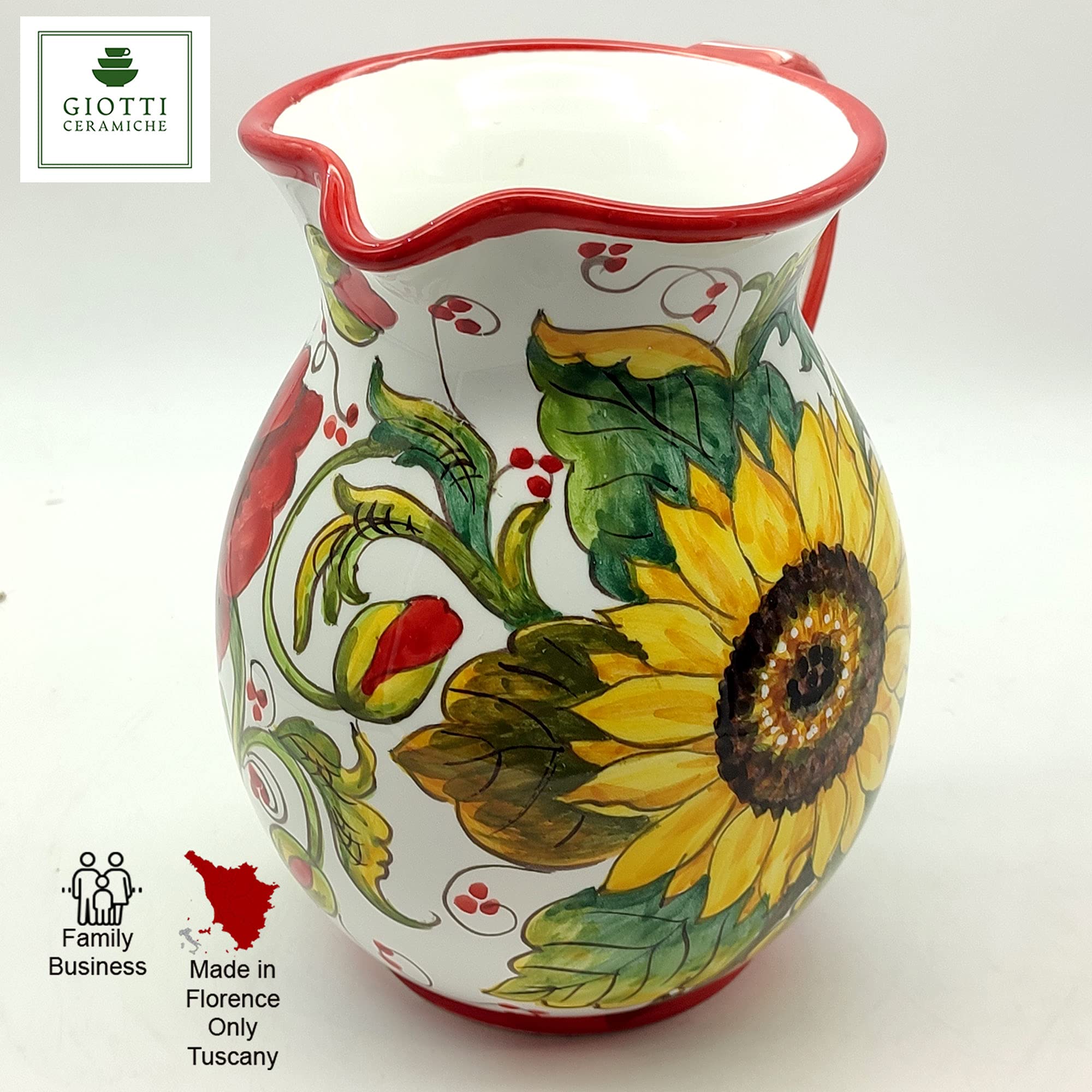 Italian Ceramic Pitcher with Poppies & Sunflower Design - 33 oz Hand-Painted Kitchen Utensil Holder, Carafe & Wine Decanter - Authentic Tuscan Pottery from Italy - Elegant Home Decor for Dining Room, Kitchen & Wine Bar