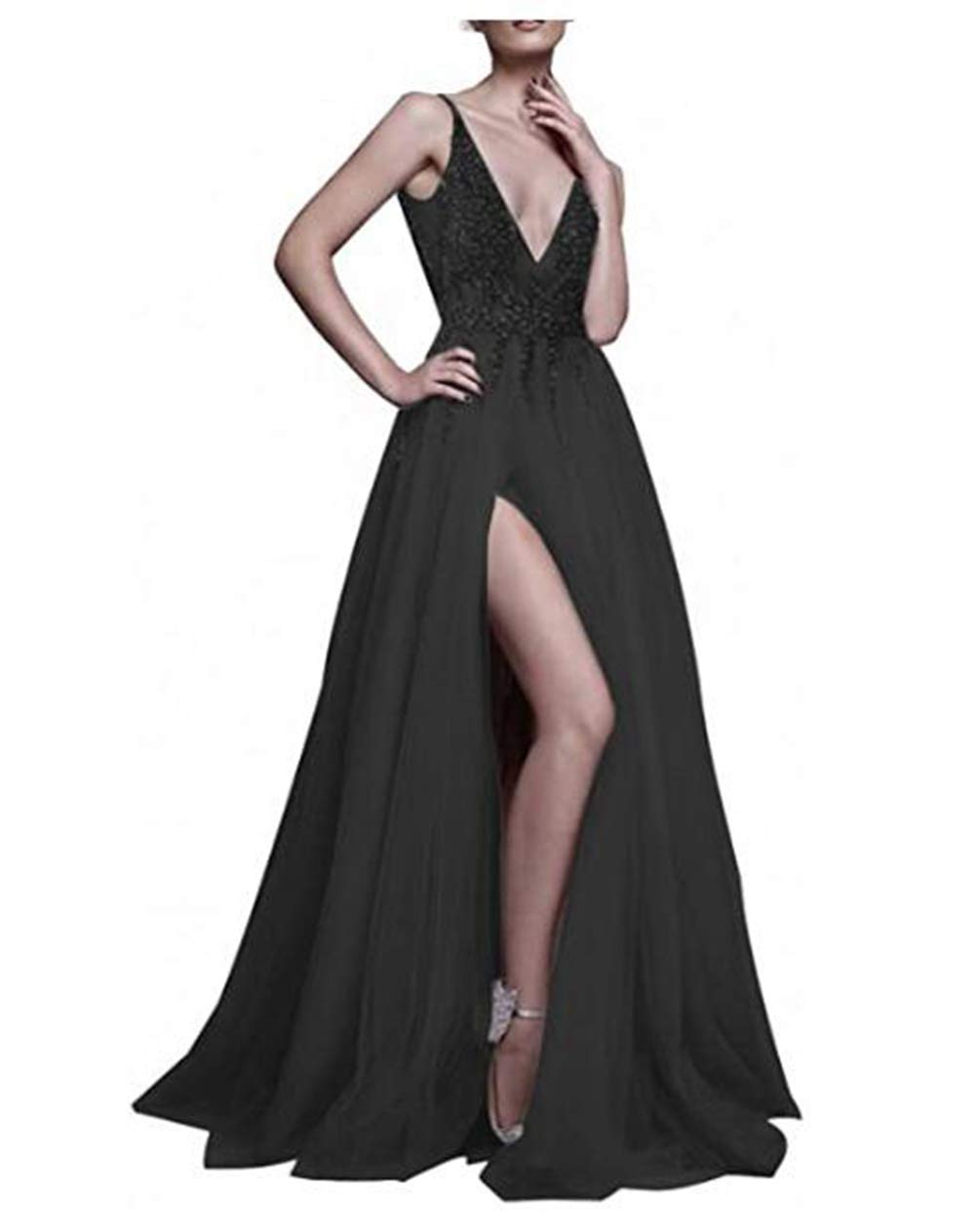 Sparkly Beaded Evening Gowns for Women - Elegant Long Formal Prom Dresses with High Slit | Perfect for Weddings, Galas & Special Occasions