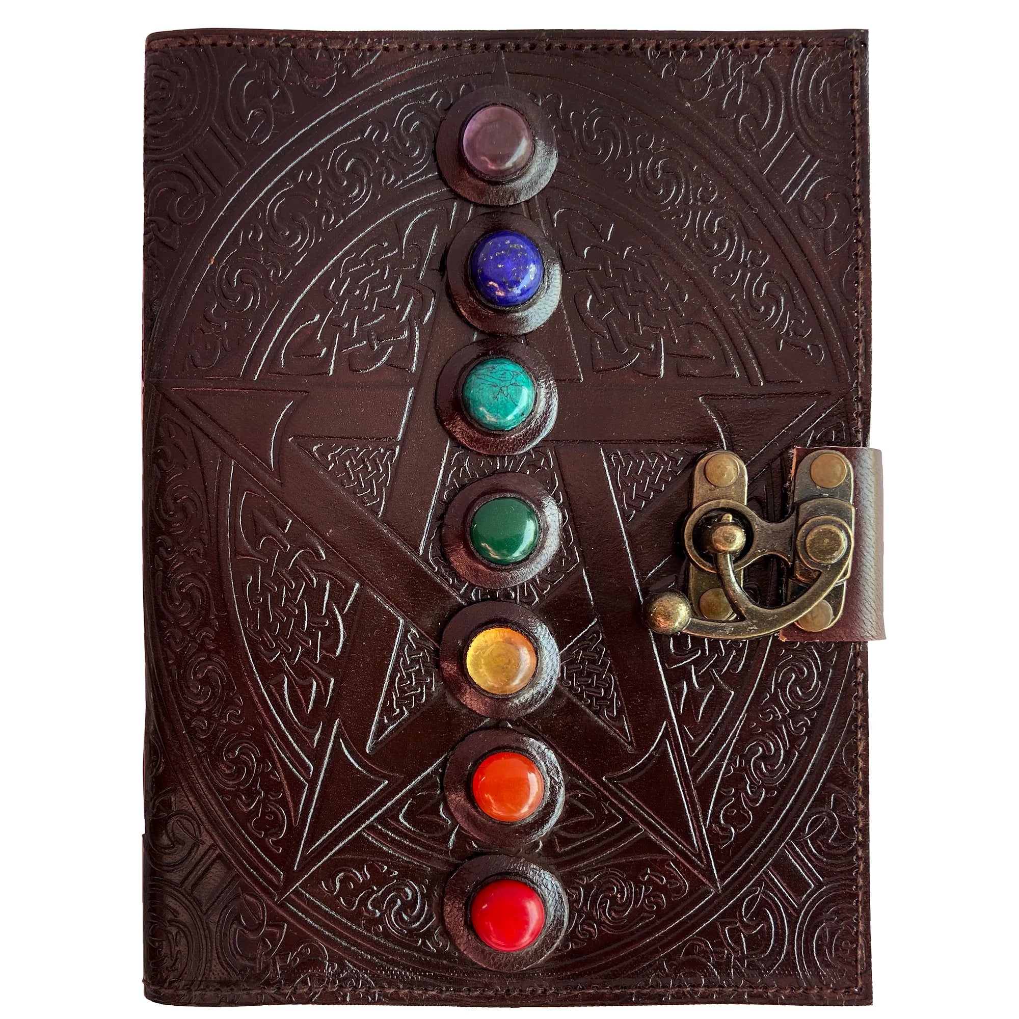 Vintage Leather Bound Journal with Lock - 7 Stone Embossed Design, Book of Shadows & Witchcraft Diary - Perfect for Wiccan Rituals, Spell Casting & Gothic Gift Giving