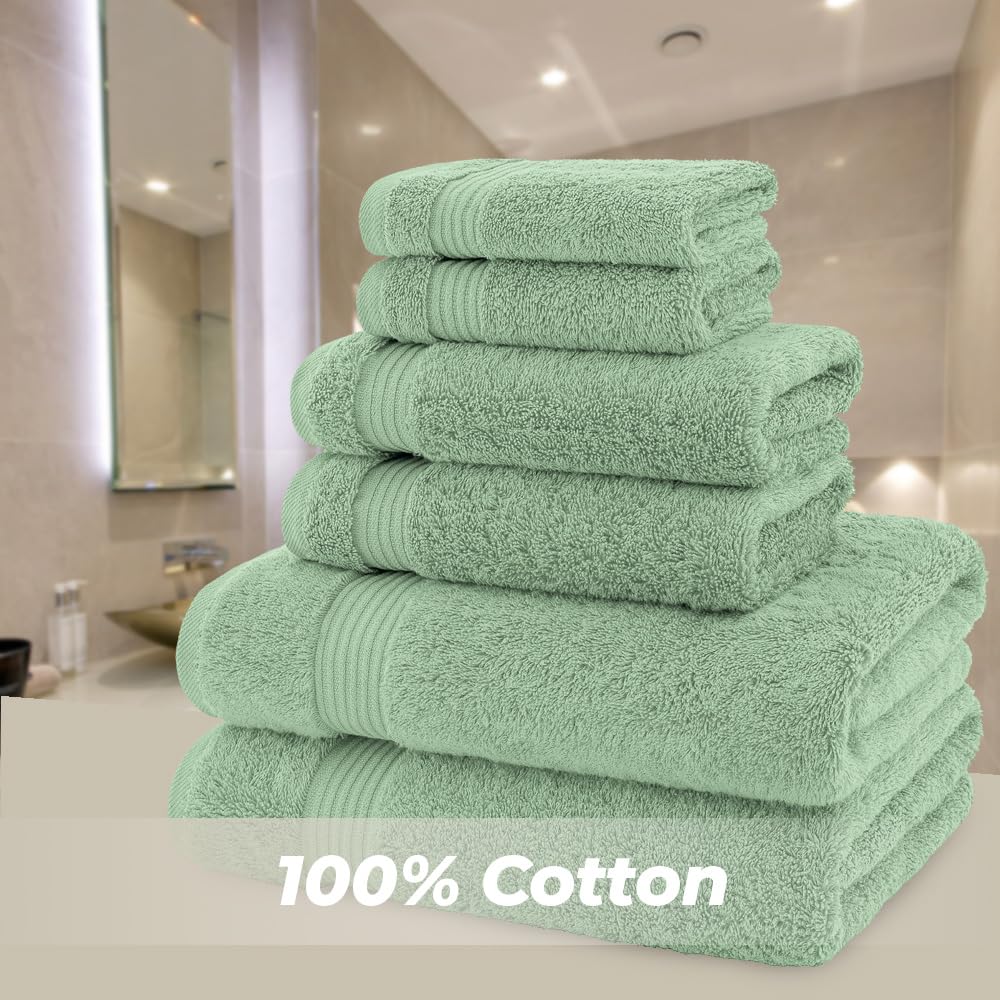 Premium 6-Piece 100% Cotton Turkish Bath Towel Set - Ultra Soft & Highly Absorbent - Includes 2 Bath Towels, 2 Hand Towels & 2 Washcloths - Sage Green - Perfect for Spa, Bathroom & Luxury Home Decor