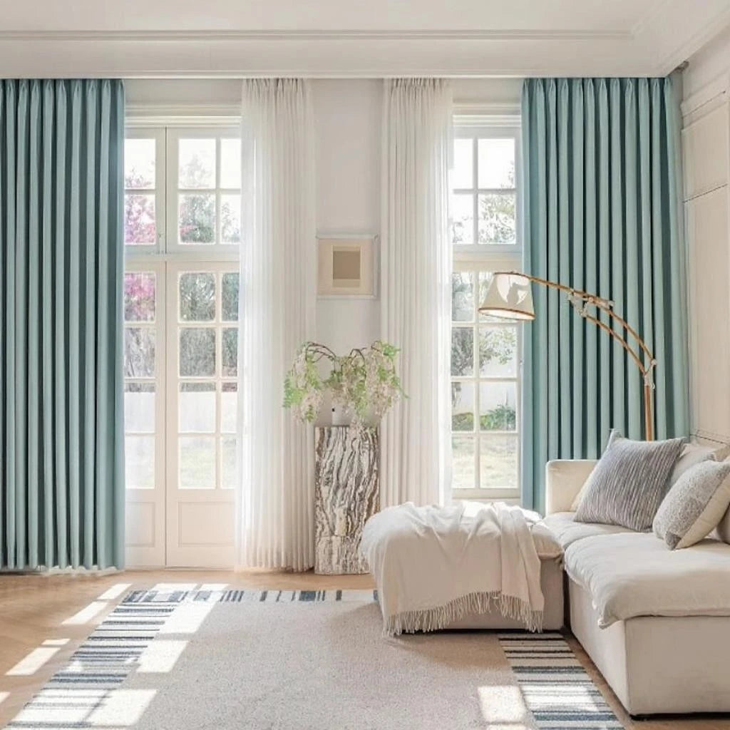 Priscilla Sky Blue Chenille Jacquard Blackout Thermal Curtains - Energy Efficient, Noise Reducing, Custom Size for Living Room & Bedroom