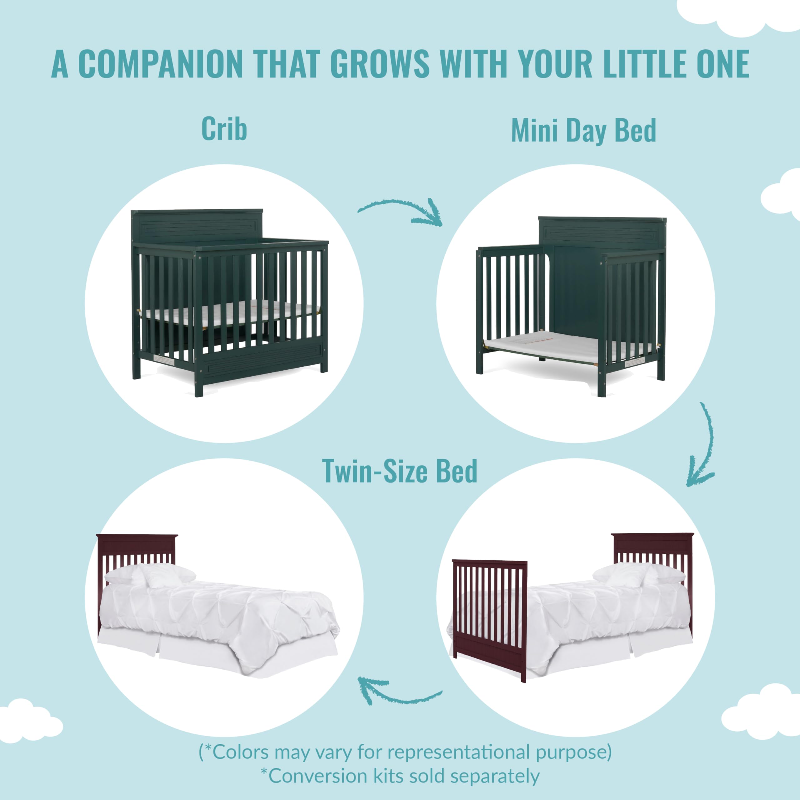 Dream On Me Harbor 4-in-1 Convertible Mini Crib - Solid Pinewood, JPMA Certified, Water-Based Paint Finish (Olive Green) | 3 Adjustable Mattress Heights | Perfect for Nursery, Small Spaces & Travel | Safe Baby Bed for Newborns to Toddlers
