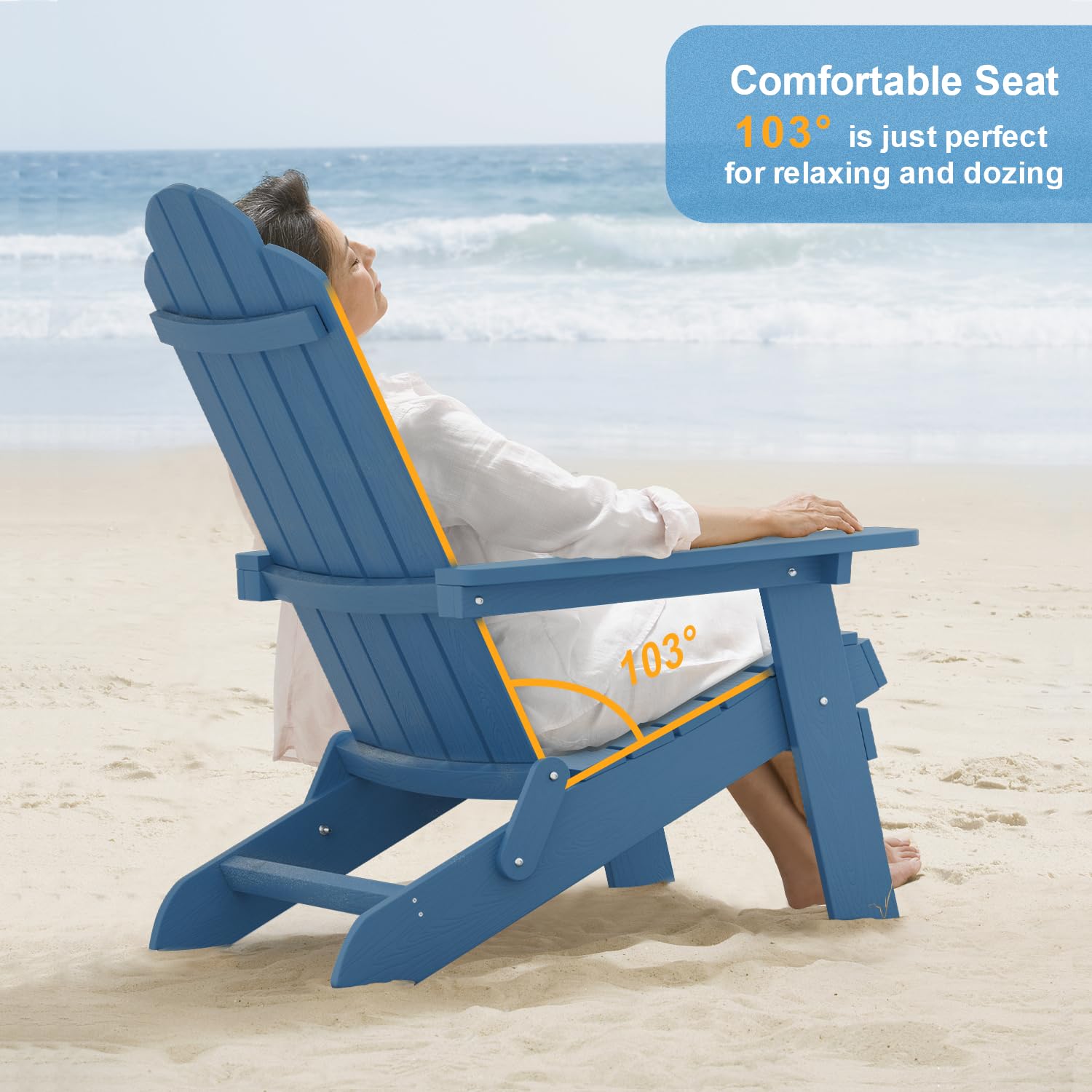 MXIMU Folding Adirondack Chair - Heavy Duty Plastic Outdoor Lounge Chair for Patio, Backyard, Garden, Camping & Fire Pit - Navy Blue Comfort Seat for Relaxing