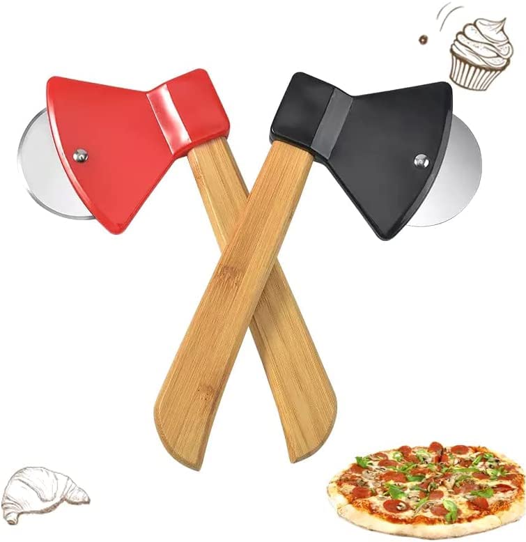 Ahoo Axe Pizza Cutter with Sharp Rotating Blade & Bamboo Handle - Perfect for Cutting Pizza, Bread, Cakes - Dishwasher Safe (Black) - Ideal for Home Kitchens, Restaurants, and Outdoor Cooking