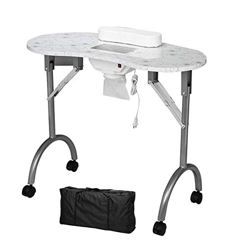 Portable MDF Manicure Table with Dust Collector, Cushion & Fan - Foldable Design & Wheels for Easy Mobility - White | Perfect for Nail Salons, Spas & Home Use