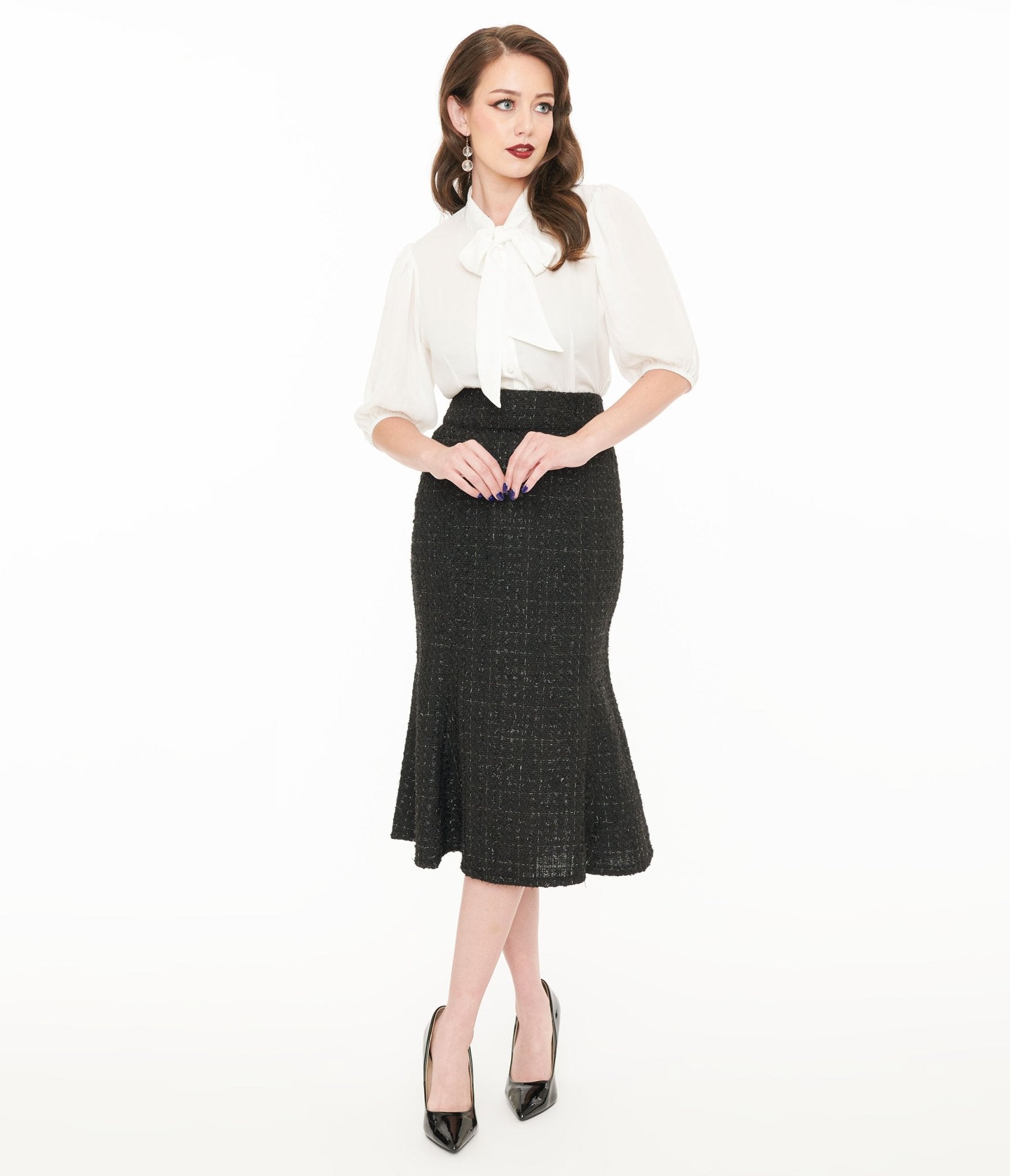 Vintage 1940s Black Lurex Tweed Tina Trumpet Skirt - Retro Swing Skirt for Women | Perfect for 1940s Themed Parties, Swing Dancing & Vintage Fashion Lovers