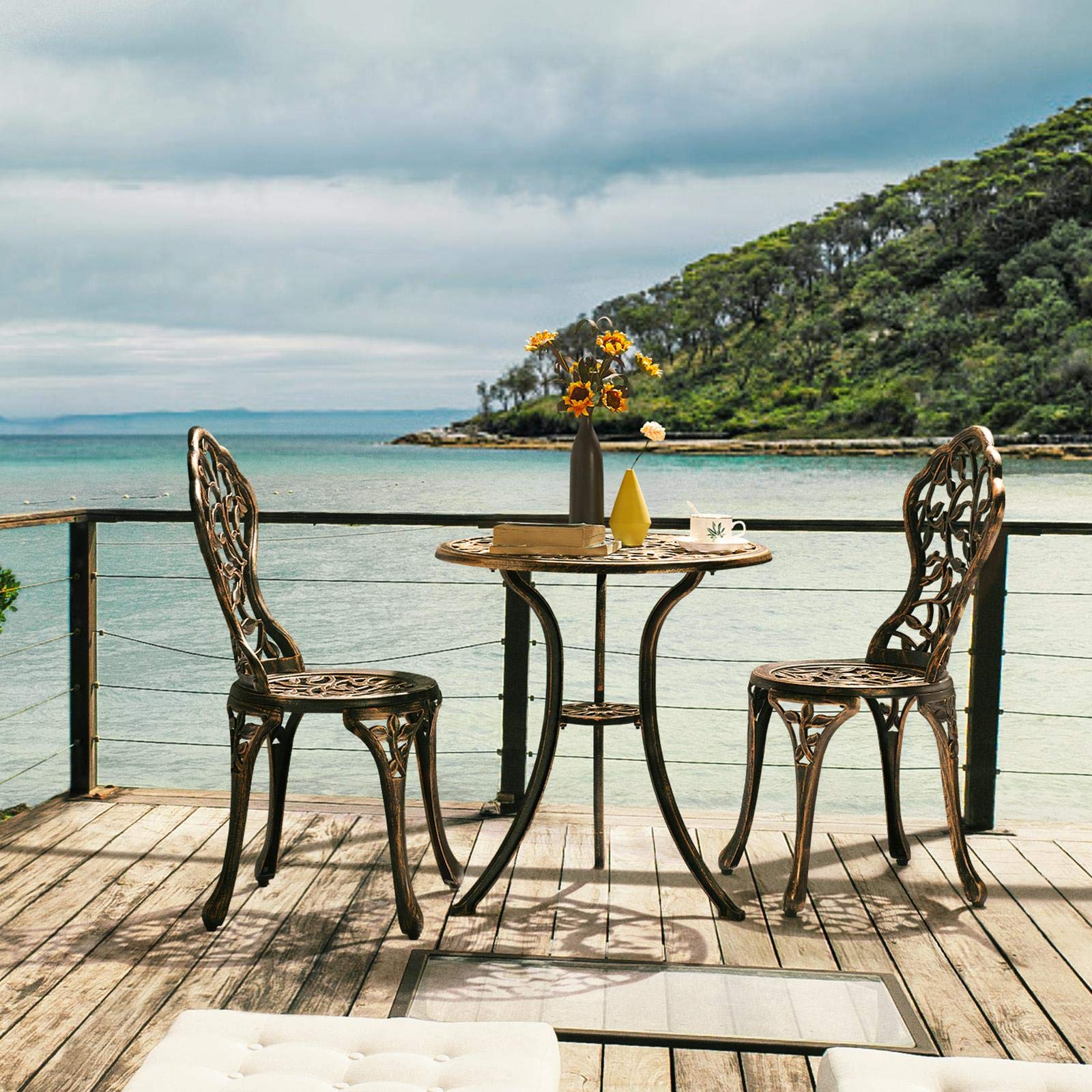 Topeakmart 3-Piece Outdoor Bistro Set - Cast Aluminum Patio Dining Chairs with Leaf Design - Perfect for Garden, Balcony & Backyard Relaxation