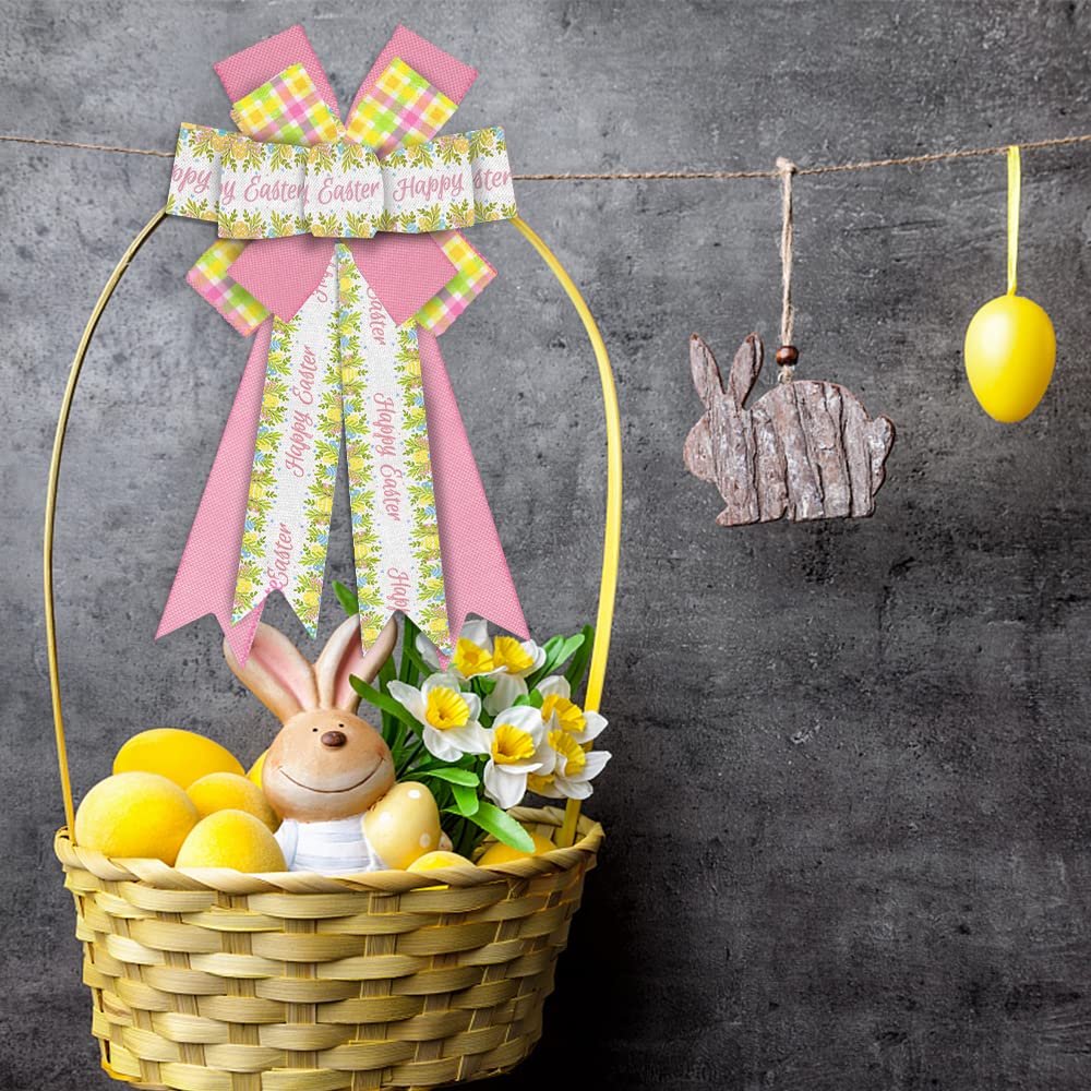 Large Easter Bows for Wreaths - White, Pink Burlap & Yellow Buffalo Plaid Bows - Spring Holiday Decor for Front Door, Easter Tree Topper, Party & Wreath Decoration