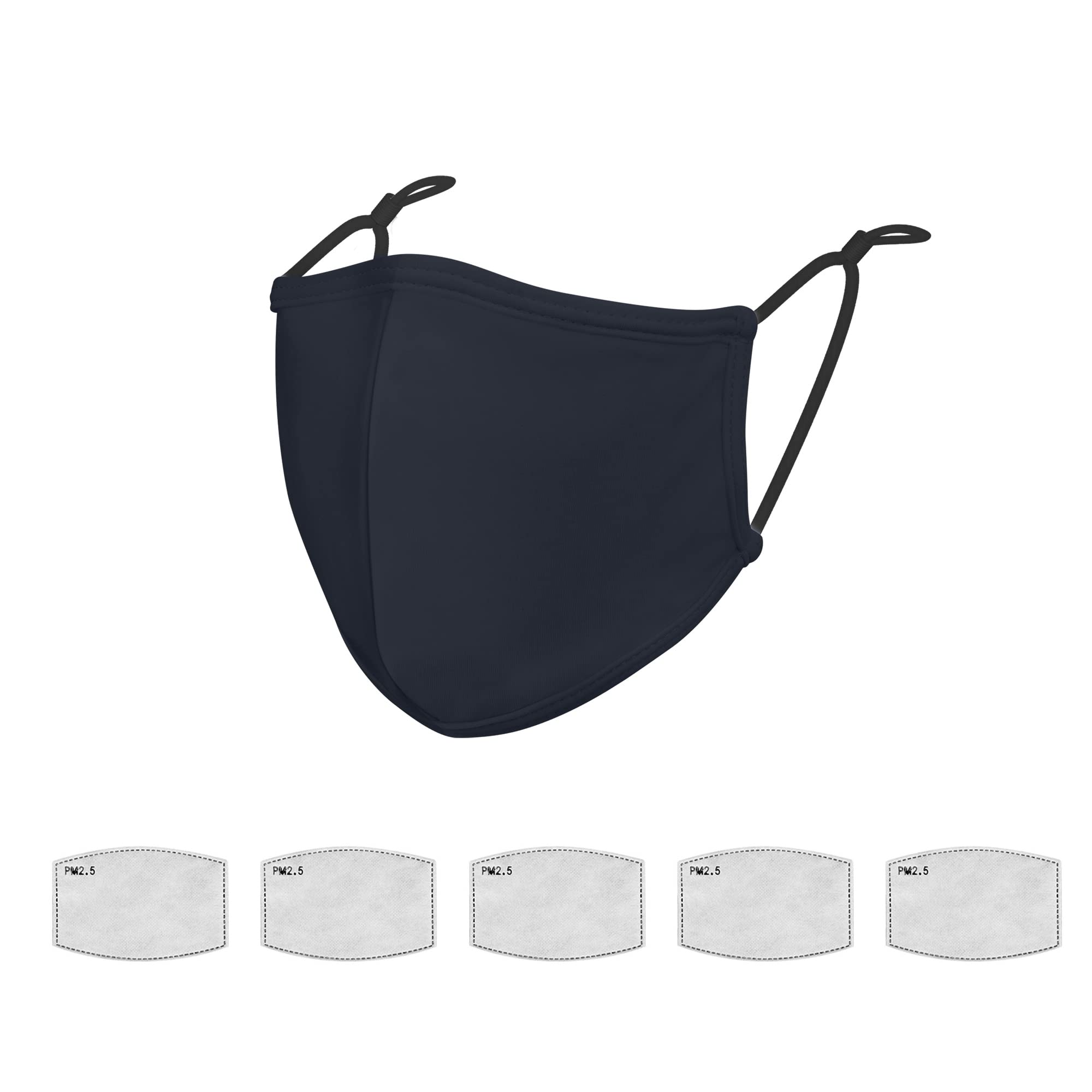 Reusable Dark Blue Face Mask with Adjustable Ear Loops & 5 Activated Carbon Filters - Breathable Cotton Washable Mask for Daily Protection - Perfect for Work, Travel, and Outdoor Activities