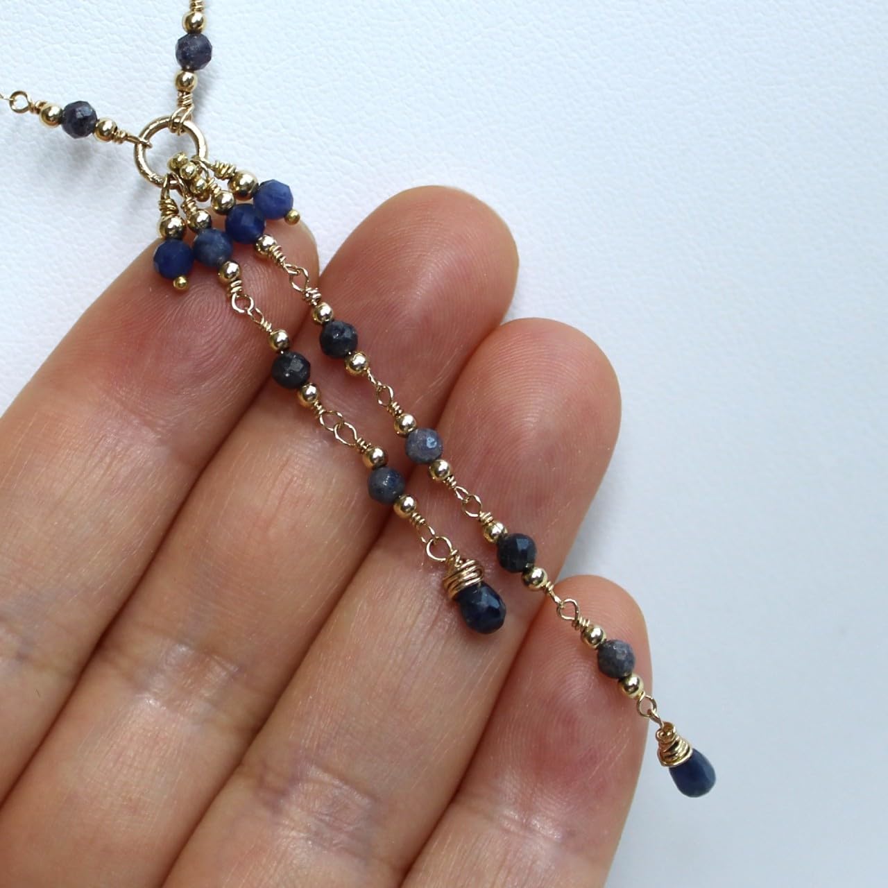14K Gold Filled Blue Sapphire Lariat Necklace with Tassel & Delicate Y-Chain | 925 Sterling Silver Jewelry (15