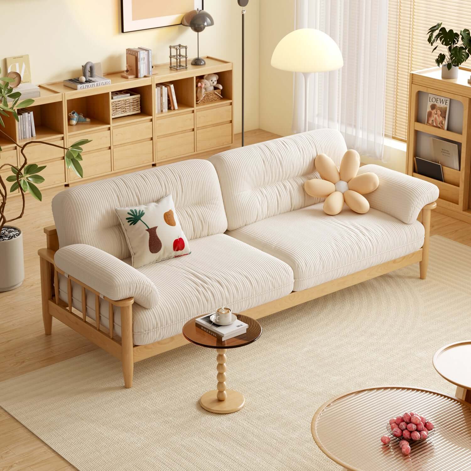 Japandi Style Solid Ash Wood Sofa - Cotton Linen, Corduroy & Cat Scratch Resistant Fabric Options | Modern Scandinavian Japanese Fusion Sofa for Living Room, Lounge & Office