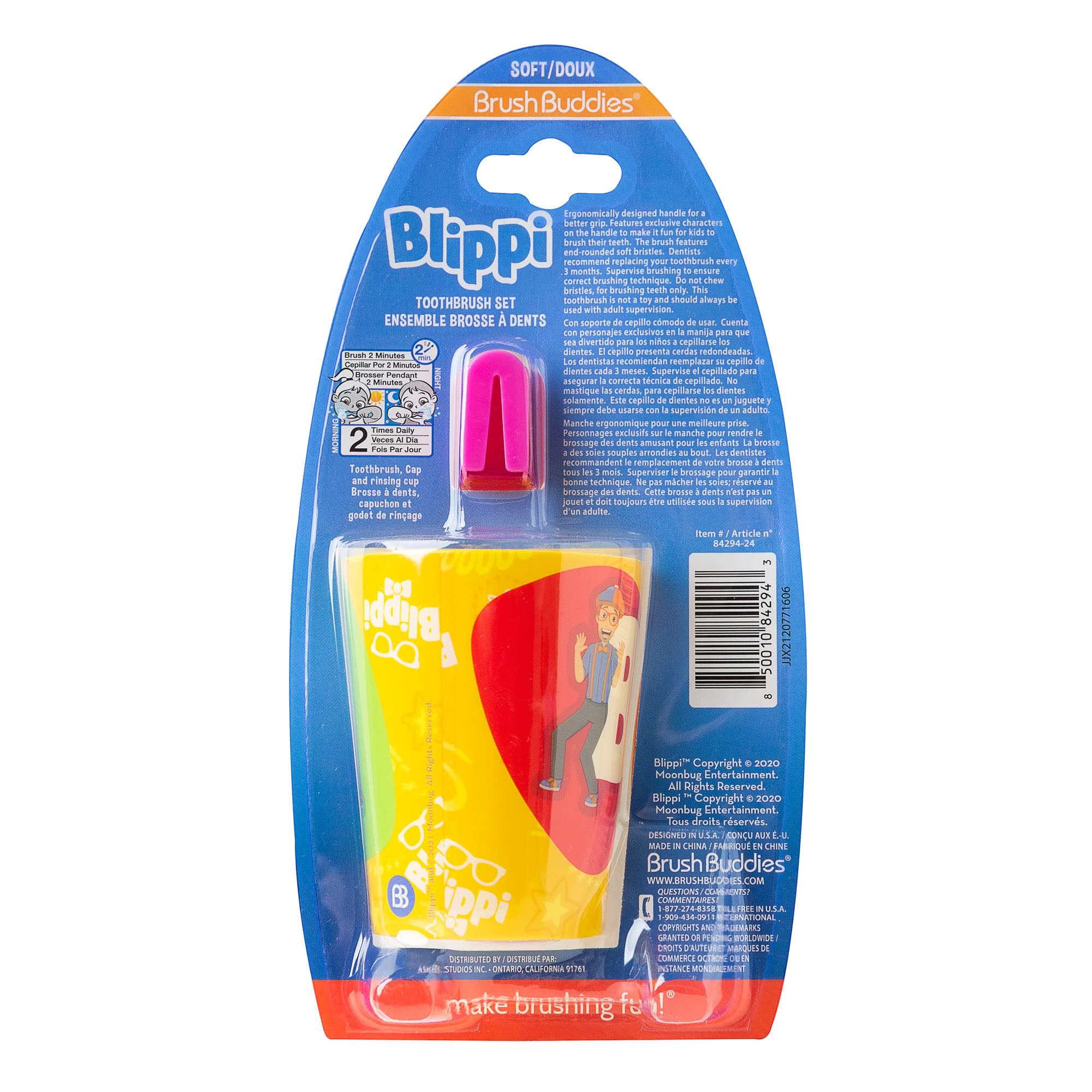 Blippi Kids Toothbrush Set - 3 Pack Manual Toothbrushes for Toddlers Ages 2-4 | Travel Toothbrush Kit with Protective Cover & Cup | Fun Dental Care for Toddlers at Home or On The Go