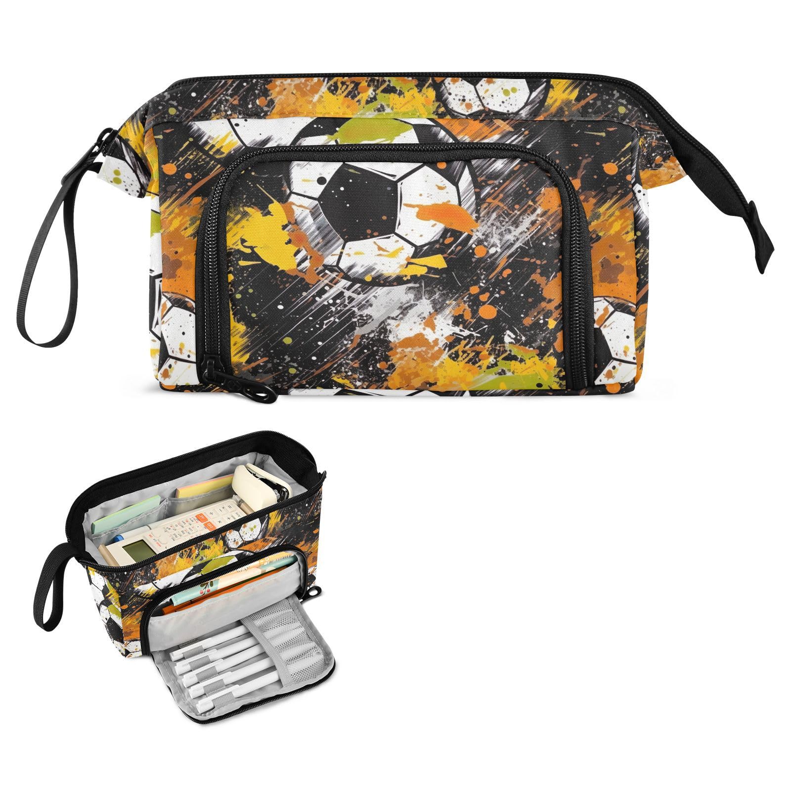 **Orange Soccer Football Design Large Capacity Pencil Case - Portable Zippered Pen Pouch Organizer for School, Teens, Boys & Girls - Aesthetic Stationery Bag for Students, Office & Travel**