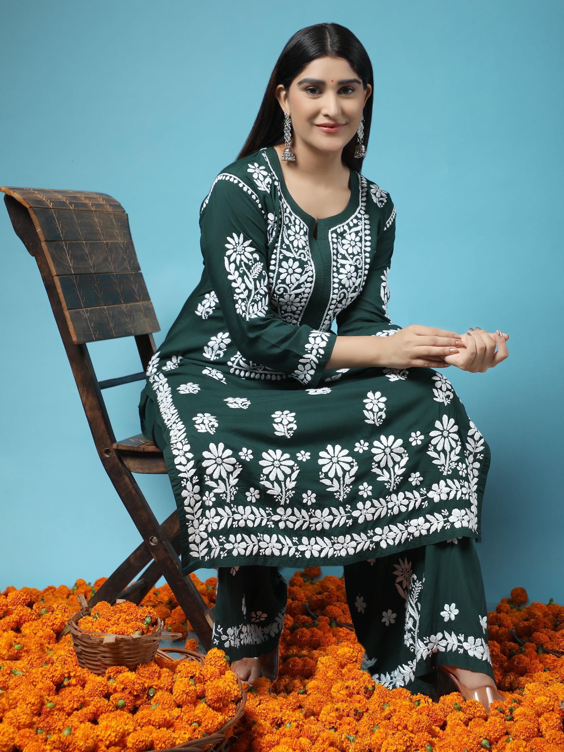 Premium Hand Embroidered Chikankari Co-Ord Set in Green | Traditional Indian Kurta & Palazzo Set | Perfect for Festivals, Weddings & Ethnic Parties