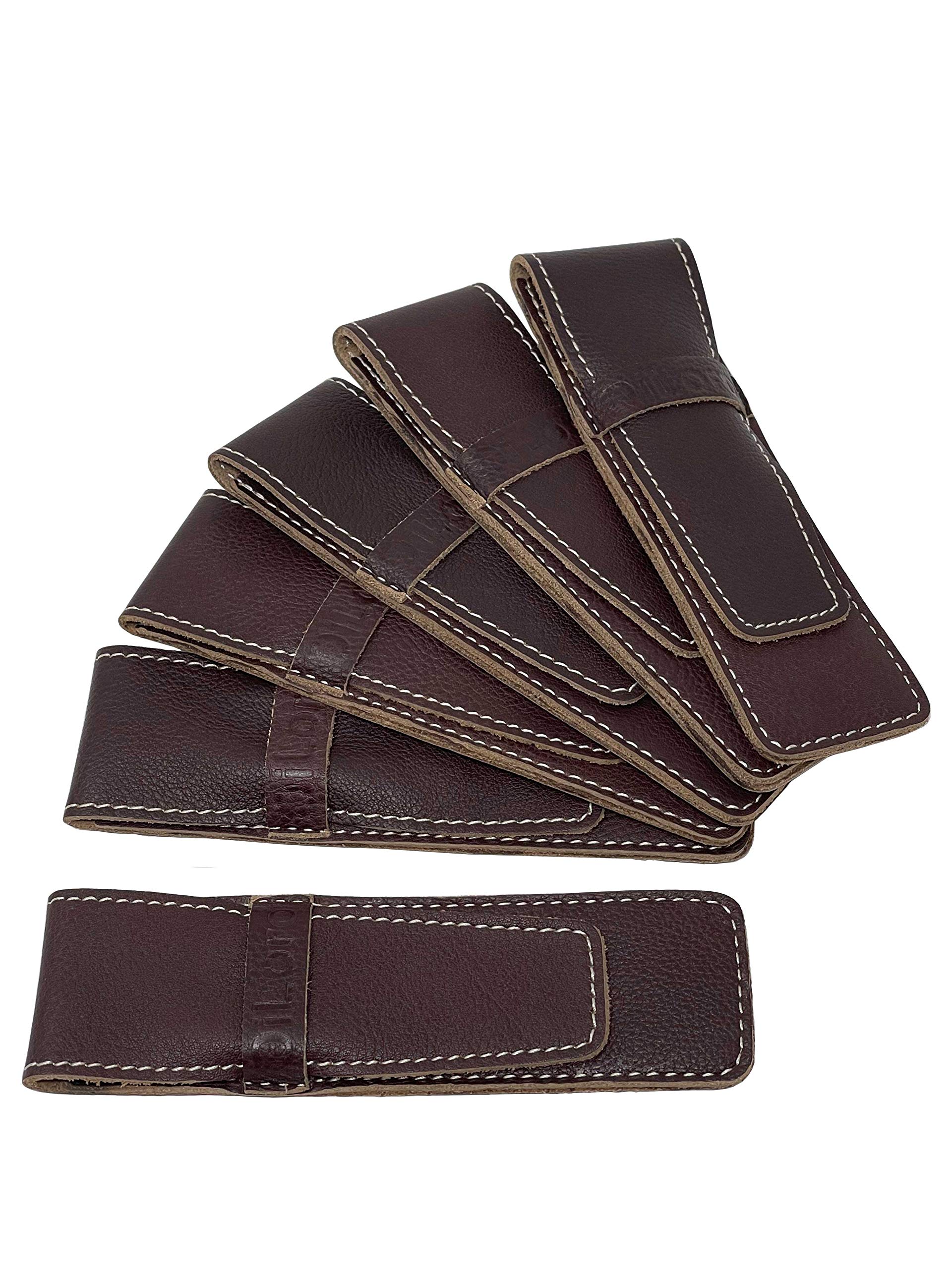 Genuine Leather Pen Case Holder - 6 Pack, Brown Cowhide for Office & School