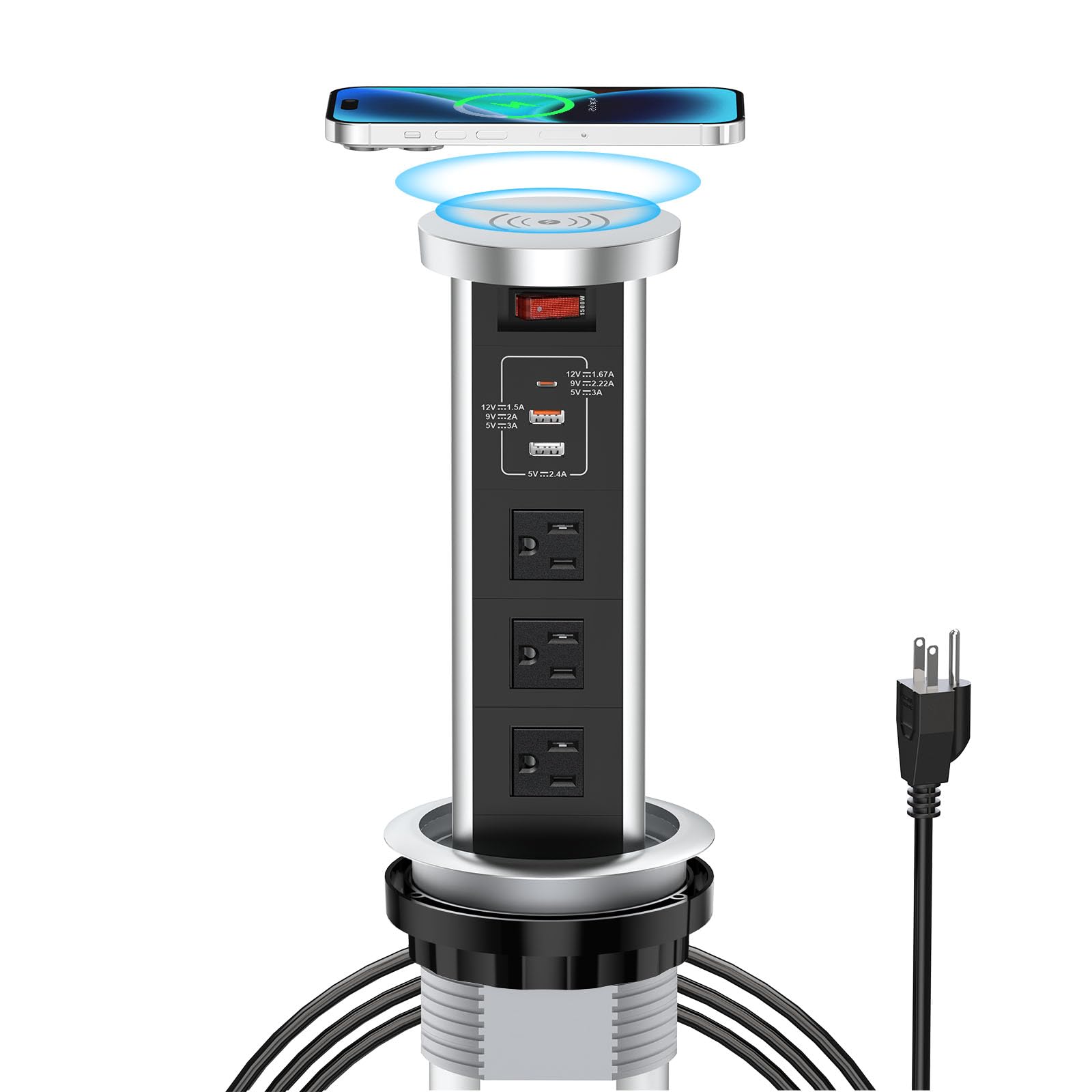XBA Pop Up Outlet for Countertop - 4 Inch Recessed Power Strip with 15W Wireless Charger, 20W PD USB-C Port, 2 USB-A Ports & 3 AC Outlets - Hidden Electrical Outlet with 6FT Extension Cord for Kitchen, Office, Conference Room & Home Use (Black)