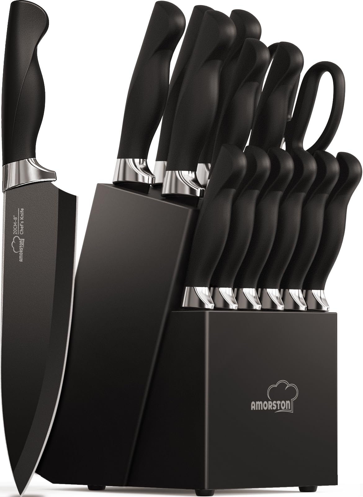 Amorston 15-Piece German Stainless Steel Knife Set with Block & Built-in Sharpener - Dishwasher Safe Kitchen Knives for Chopping, Slicing & Dicing - Perfect for Home Chefs & Professional Cooking