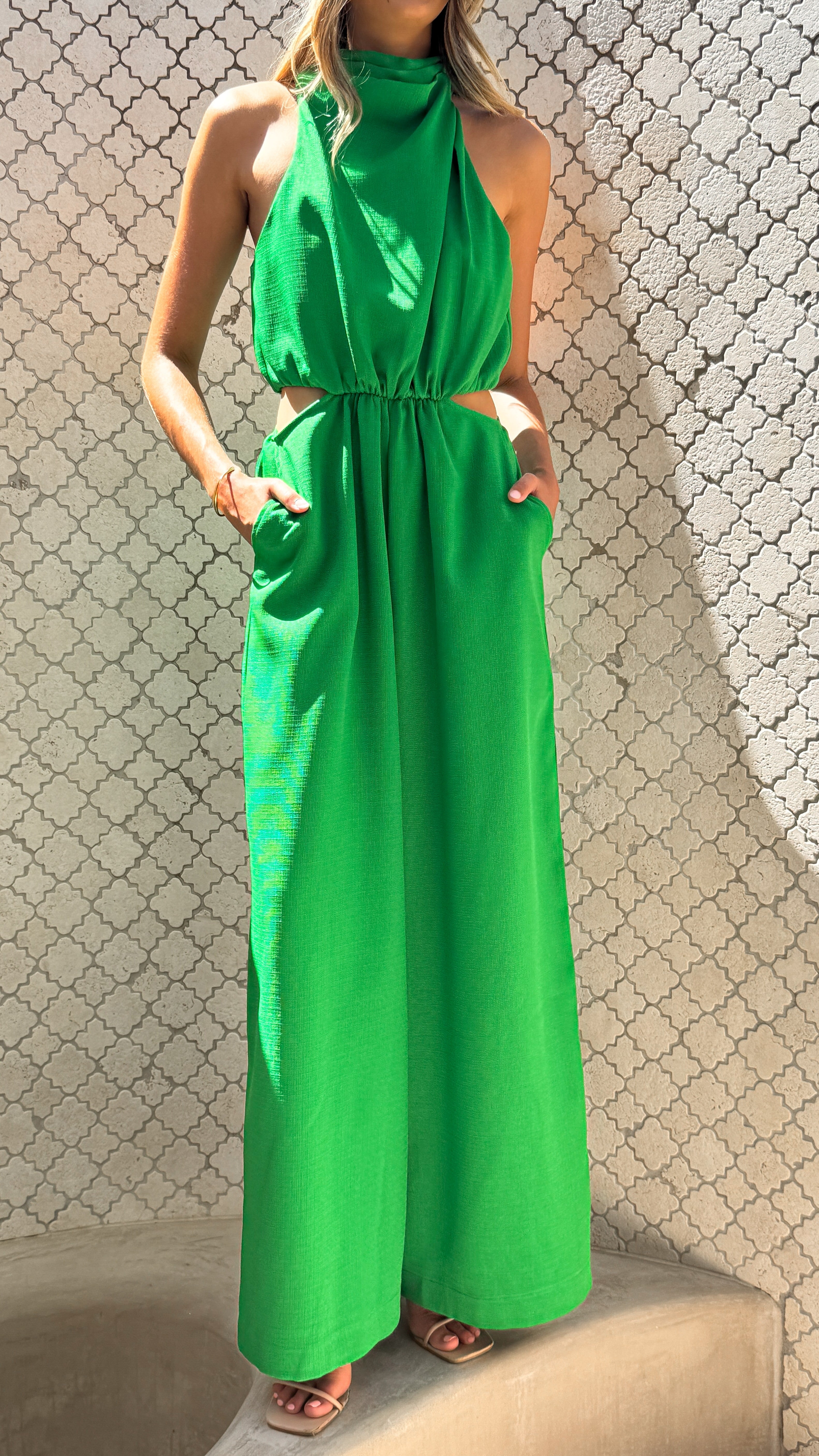 Lara Halter Neck Wide Leg Jumpsuit for Women - Stylish Green Romper | Perfect for Summer Outfits, Beach Vacations & Casual Wear