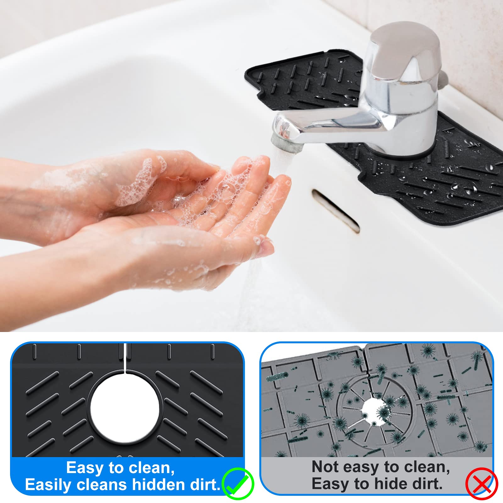 2 Pack Silicone Kitchen Sink Splash Guard - Non-Slip Faucet Splash Catcher & Draining Pad for Kitchen, Bathroom, Bar, RV - Perfect for Washing Dishes, Food Prep & Handwashing to Keep Countertops Dry