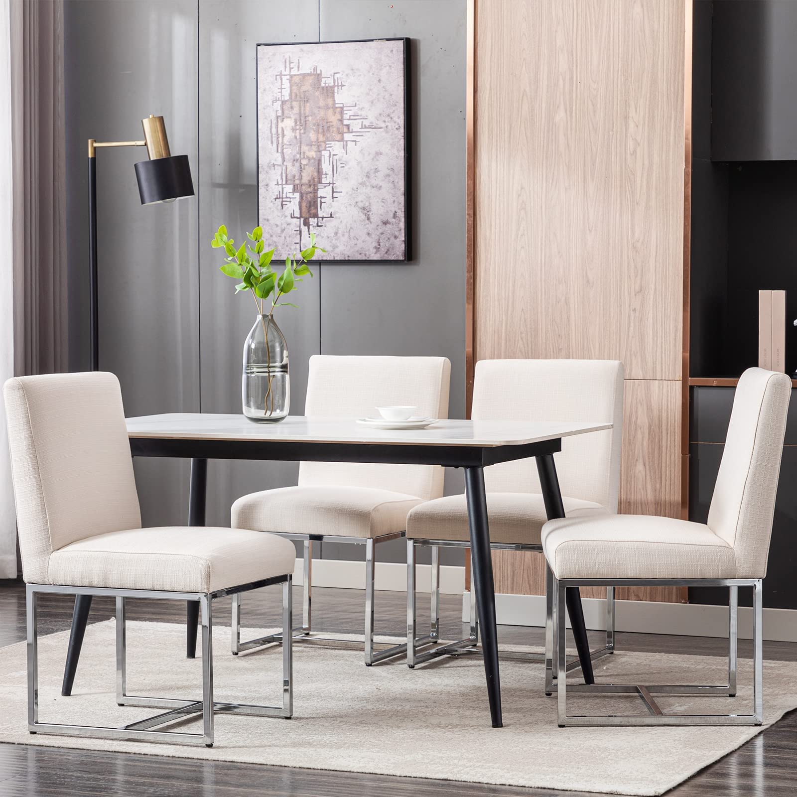 Mid Century Modern Dining Chairs Set of 2 - Cream Linen Upholstered Kitchen & Dining Room Chairs with Polished Chrome Metal Frame | Perfect for Small Spaces, Breakfast Nooks & Contemporary Dining Rooms