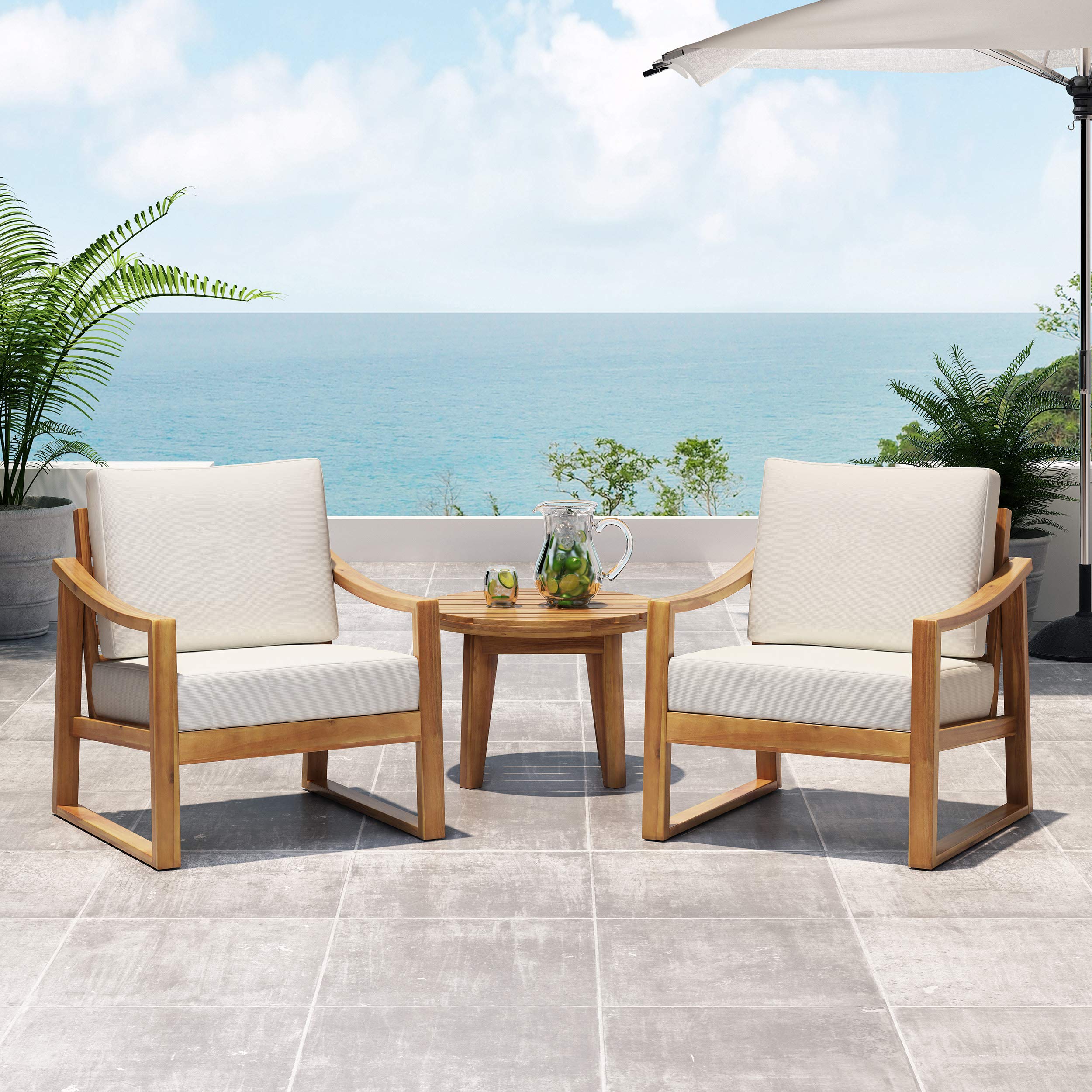 Christopher Knight Home Adolph Outdoor Acacia Wood Club Chairs with Water Resistant Cushions - Teak & Beige Patio Furniture for Garden, Poolside, and Backyard Relaxation