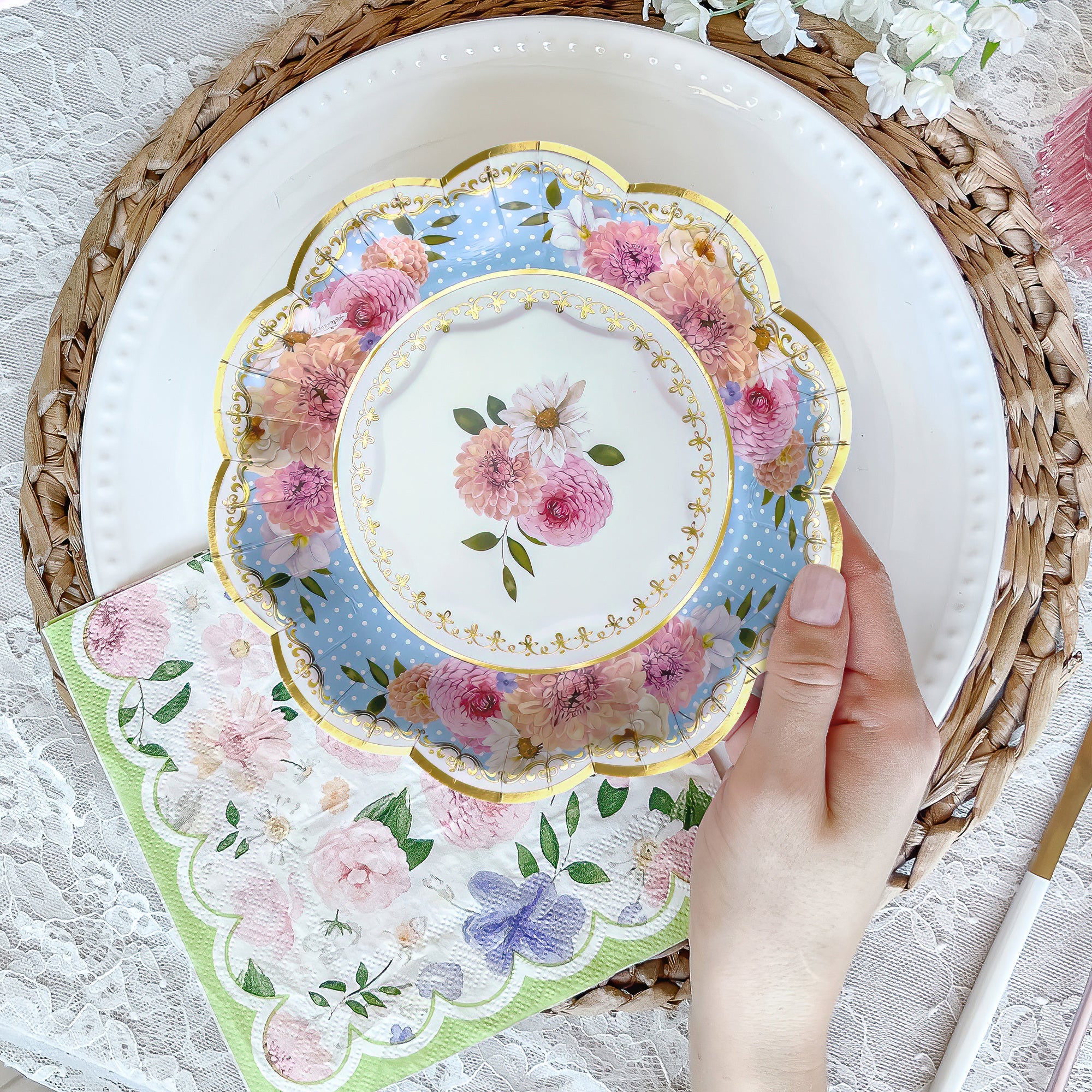 Premium 7-Inch Disposable Paper Plates for Tea Party - Set of 16, Elegant Assorted Designs - Perfect for Afternoon Tea, Bridal Showers & Birthday Parties