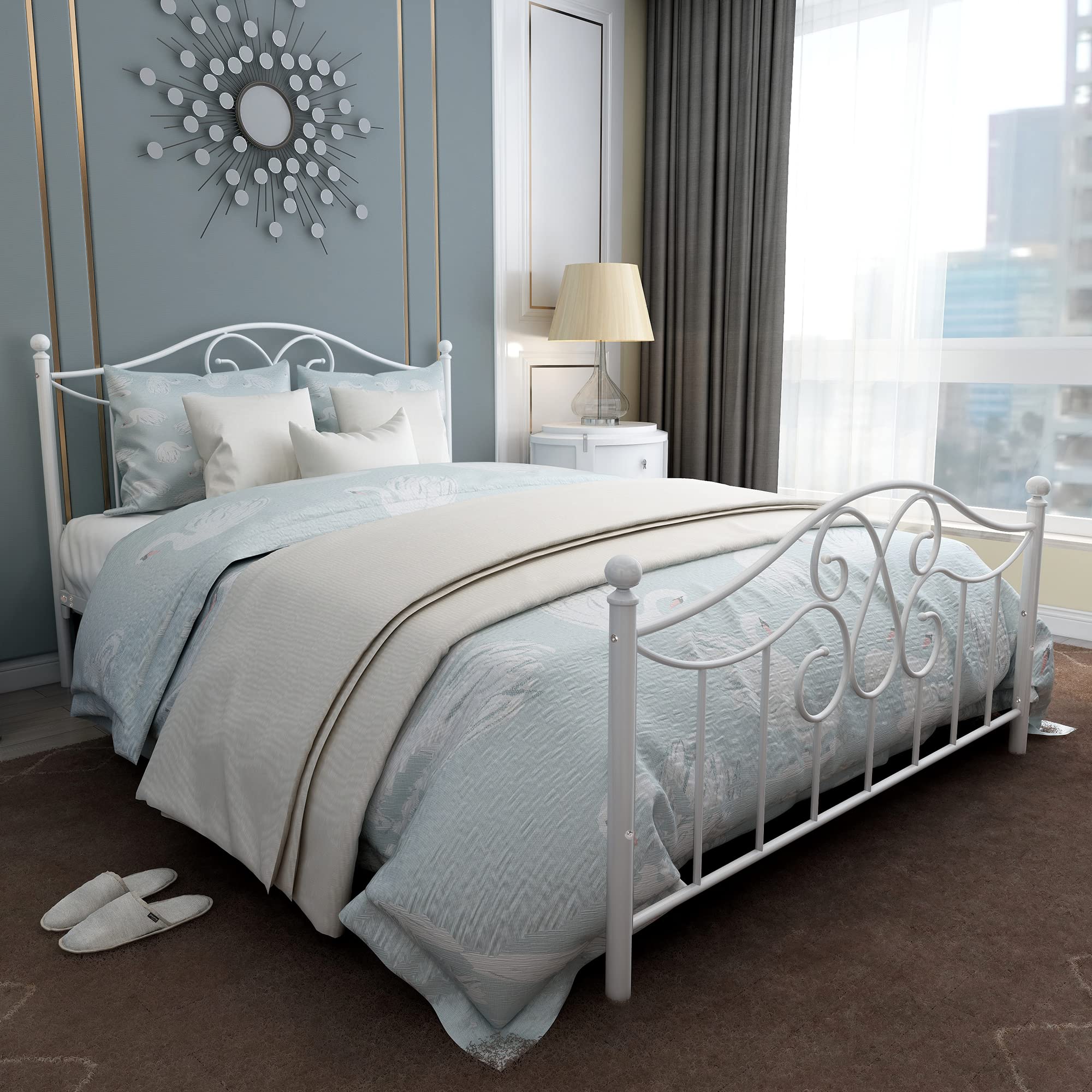 DUMEE Queen Size Bed Frame with Headboard and Footboard - Farmhouse Style Platform Bed with Under Bed Storage, No Box Spring Required (White) - Perfect for Guest Rooms, Master Bedrooms & Small Spaces