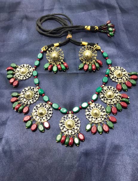 Handmade Beaded Stone Motifs Choker Necklace with Matching Earrings Set | Traditional Afghani Jewelry | Perfect for Weddings, Parties & Ethnic Fashion