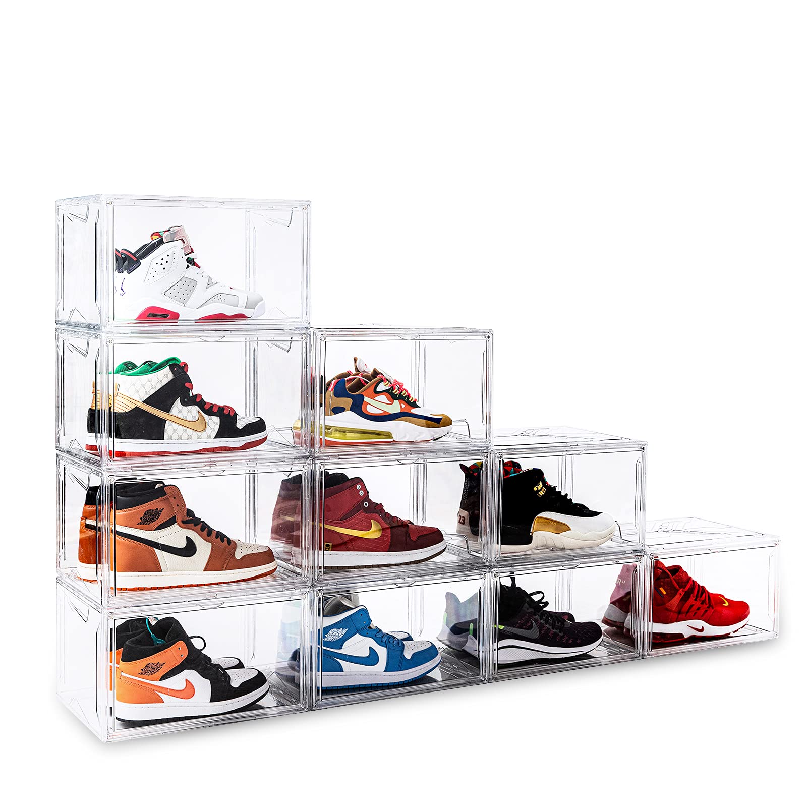 KDOR Clear Plastic Stackable Shoe Storage Boxes - 10 Pack with Magnetic Door, Acrylic Display Case for Sneakers | Fits Up to US Men's Size 15 | Strong & Durable for Closet, Bedroom, or Retail Store Organization