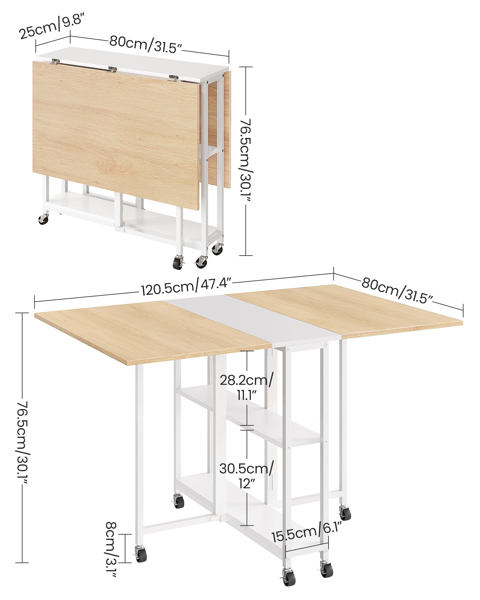 Foldable Expandable Dining Table with Wheels - Space Saving Kitchen & Living Room Furniture for Small Apartments, White & Natural Wood Finish (Model TCZ01WN) - Perfect for Compact Homes, Studio Apartments & Multi-Purpose Spaces