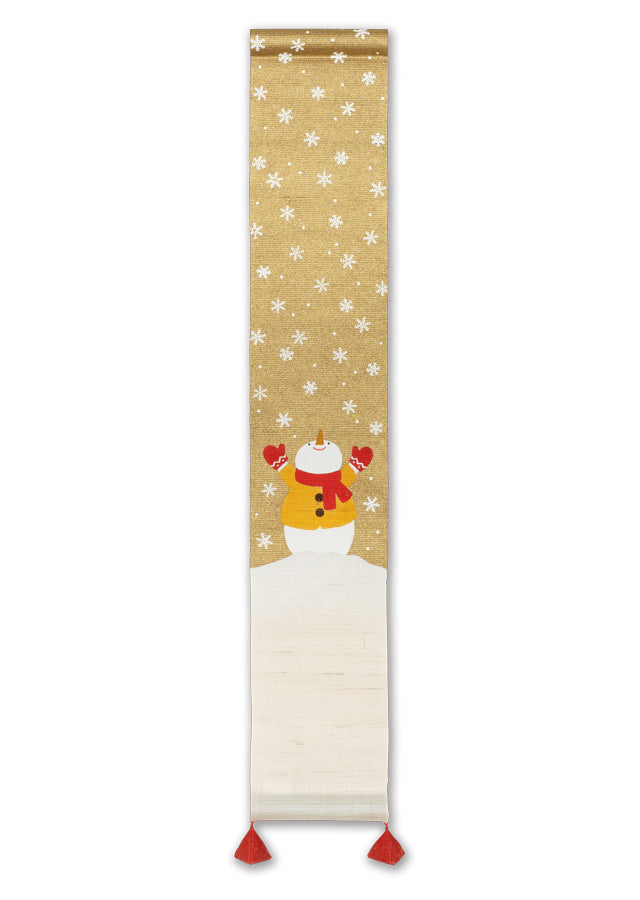 Handmade Japanese Linen Tapestry - Snowman & Gold Kyoto Noren Wall Hanging Scroll for Home Decor, Living Room, Bedroom & Office