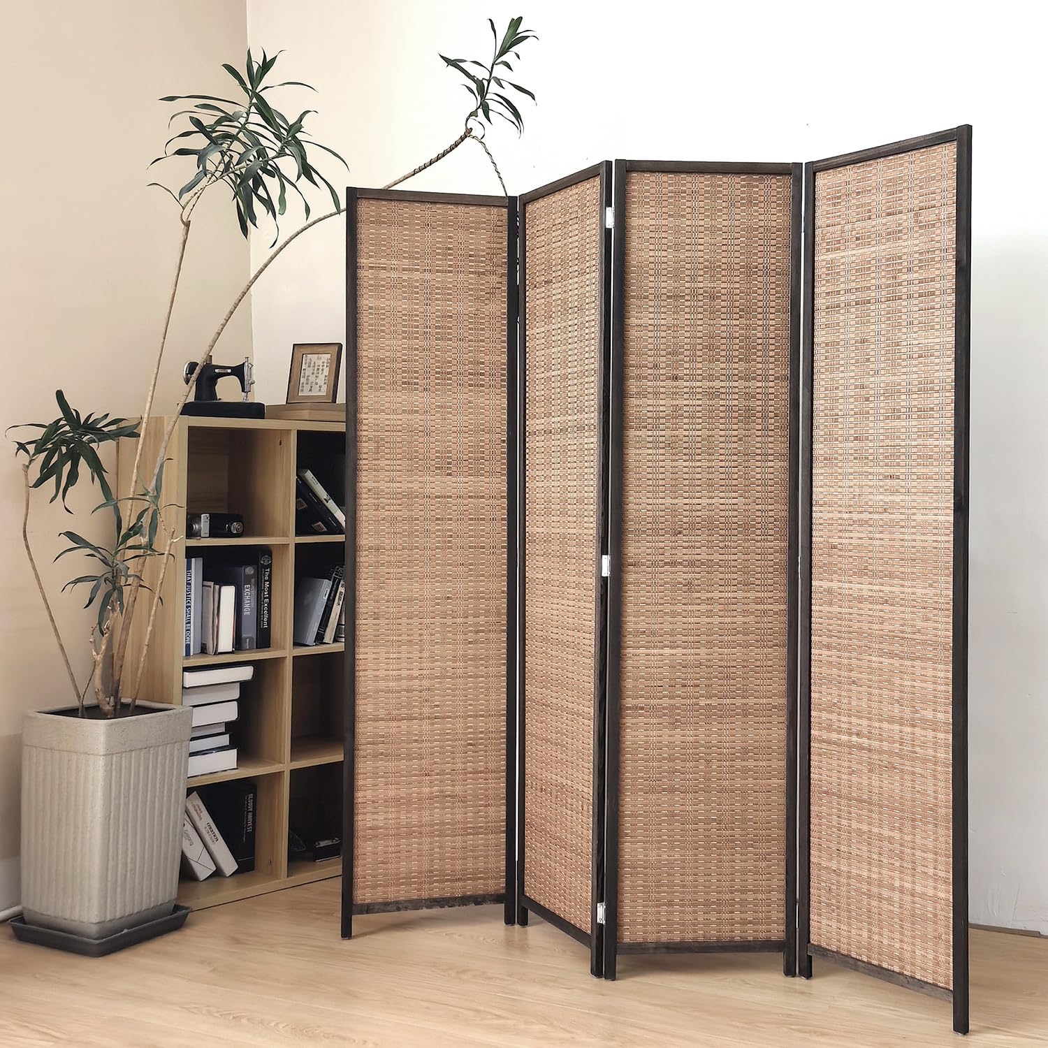 5.6 FT Tall 4-Panel Bamboo Room Divider Screen - Freestanding Folding Privacy Partition for Home, Office & Bedroom - Natural Brown Room Separator for Indoor Spaces, Yoga Studios and Event Decor
