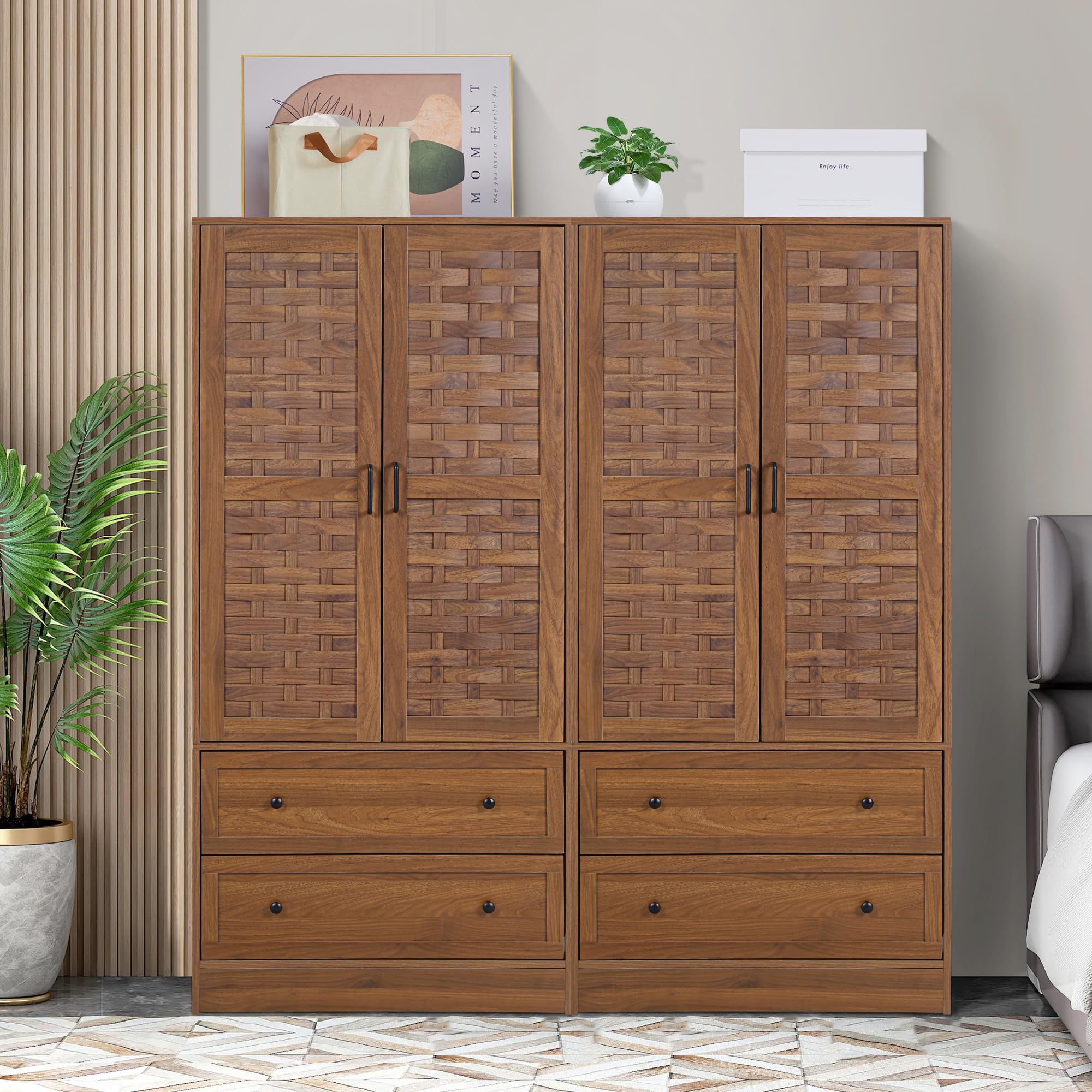 LEVNARY Armoire Wardrobe Closet with 2 Woven Doors, Storage Drawers & Hanging Rail - Freestanding Closet Organizer for Bedroom, Living Room or Dorm (Walnut Finish) - Perfect for Clothes, Shoes & Accessories Storage