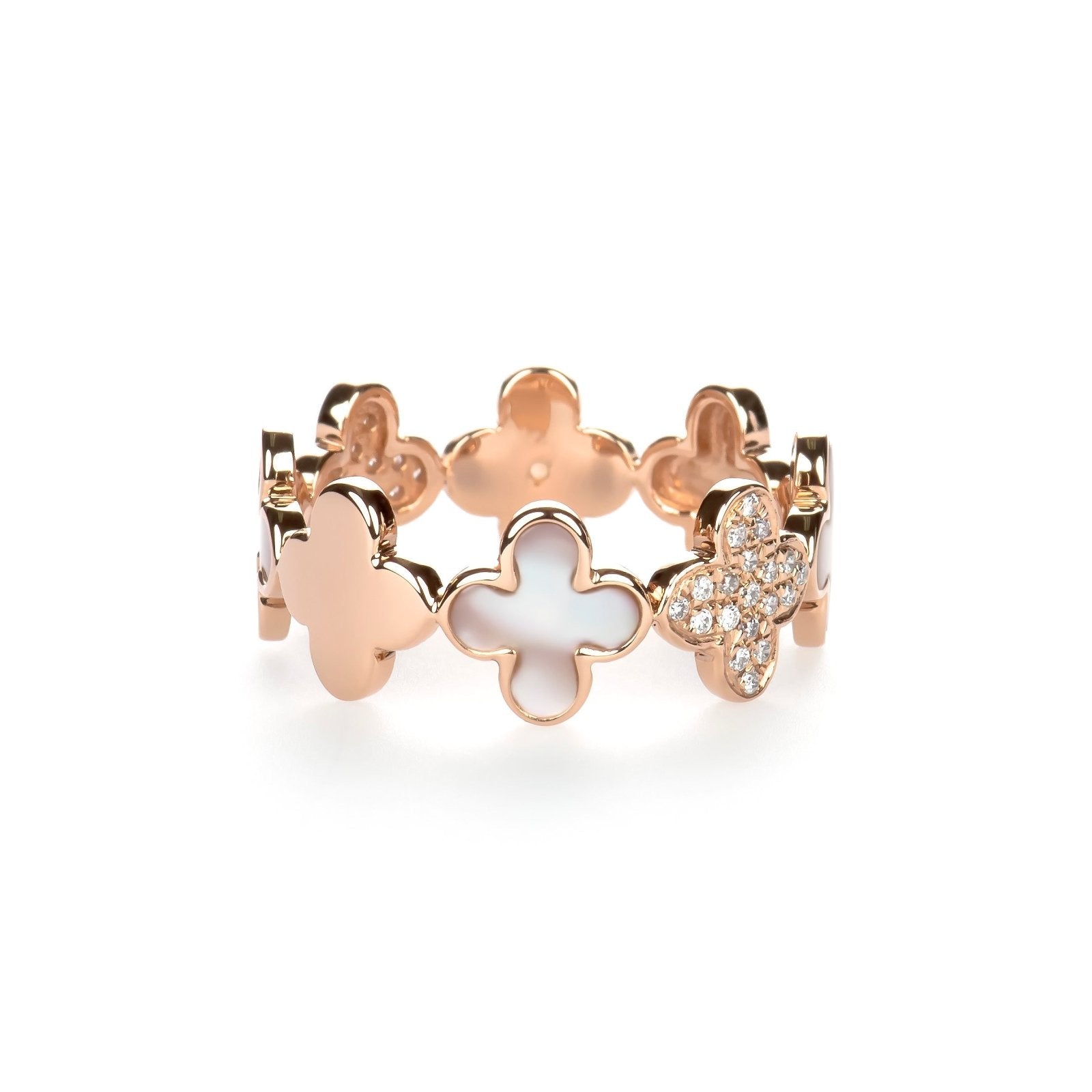 14k Rose Gold Diamond and Mother of Pearl Clover Eternity Ring - Elegant Stackable Band for Weddings, Anniversaries & Everyday Wear