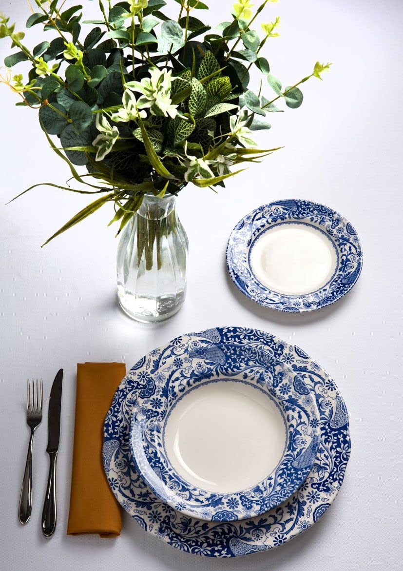 Spode Blue Italian Brocato 10.5-Inch Dinner Plates Set of 4 - Elegant Round Salad & Appetizer Plates in Classic Blue & White - Dishwasher Safe Fine China Made in England - Perfect for Formal Dining, Holiday Entertaining & Restaurant Service