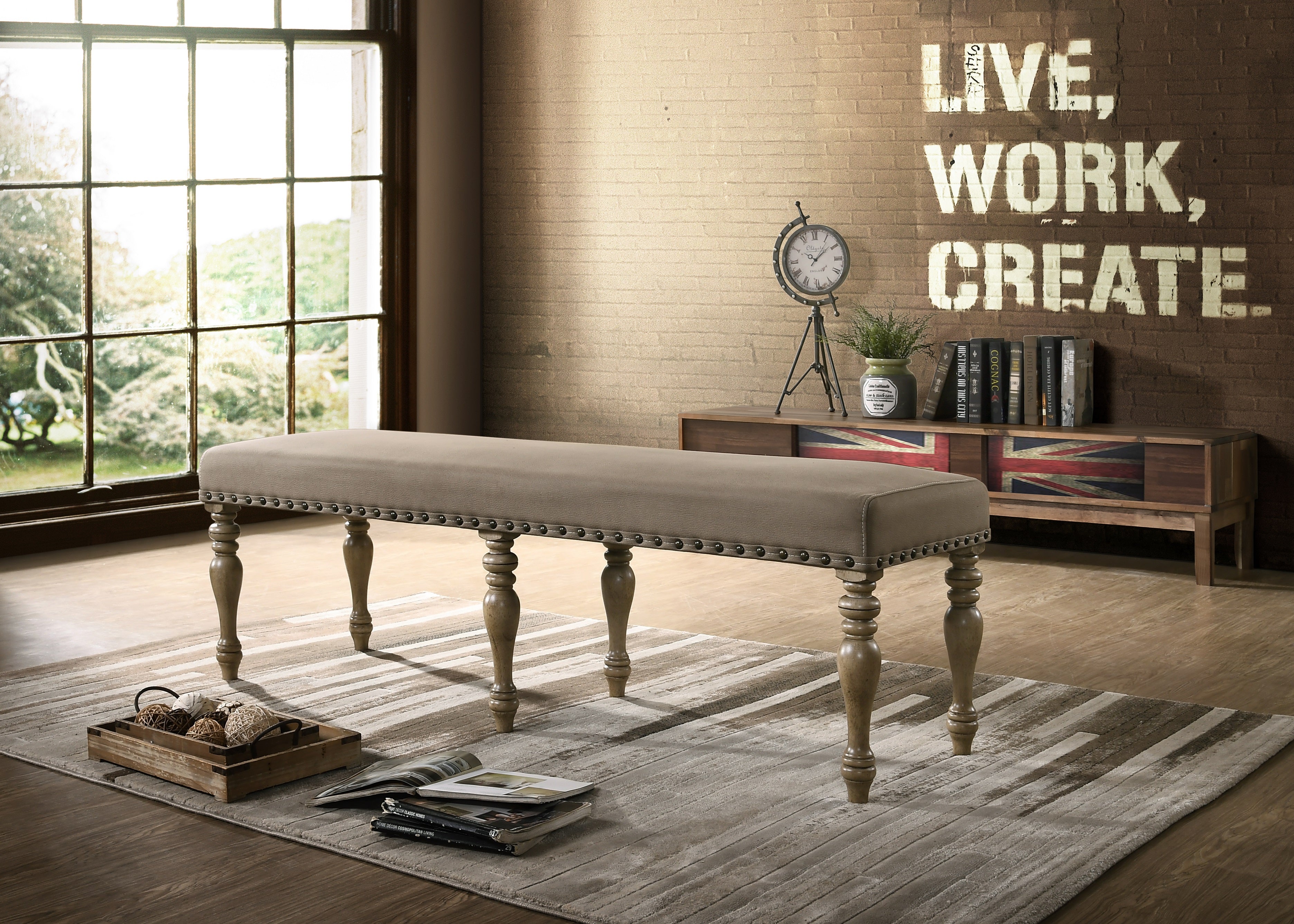 Roundhill Furniture Birmingham Microfiber Upholstered Bench with Nail Head Trim in Driftwood Finish - Stylish Entryway, Bedroom, or Living Room Seating