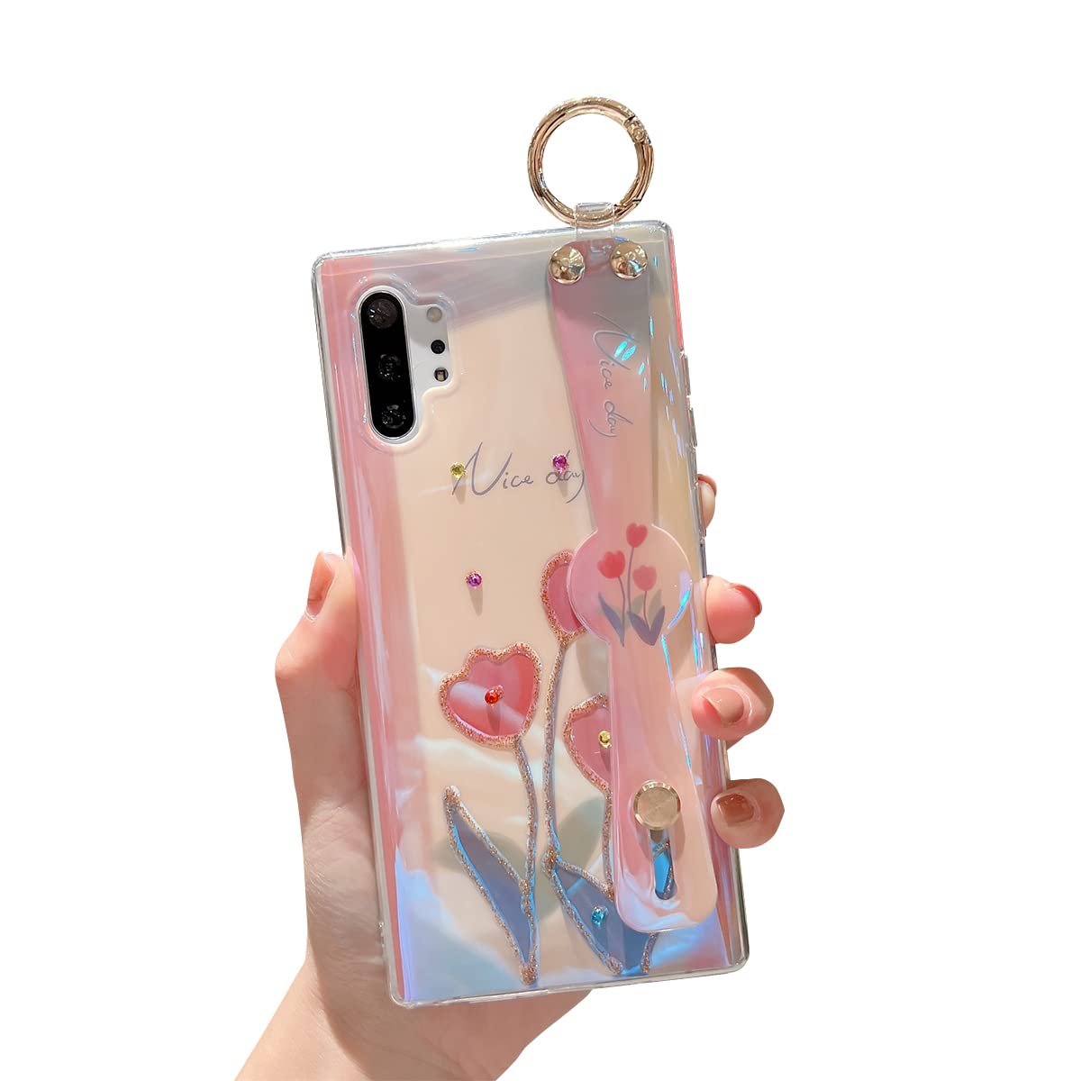Cute Shockproof Protective Case for Samsung Galaxy Note 10 Plus/Note 10+ 5G - Glitter Bling Cartoon Design with Wrist Strap & Kickstand, Soft TPU Cover for Women & Girls (Tulip Pattern) | Perfect for Daily Use, Work, and Travel Protection